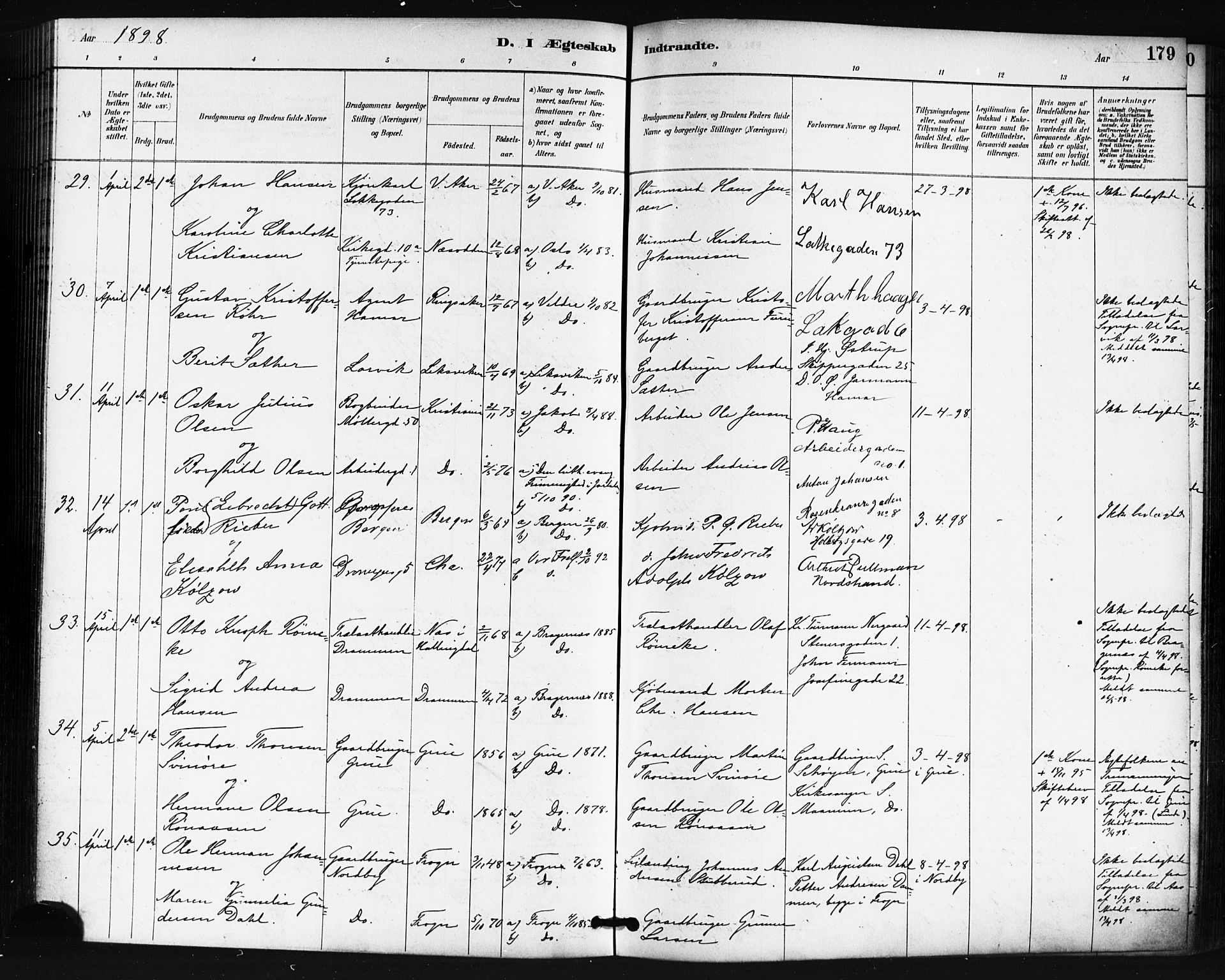 Oslo domkirke Kirkebøker, SAO/A-10752/F/Fa/L0032: Parish register (official) no. 32, 1885-1902, p. 179