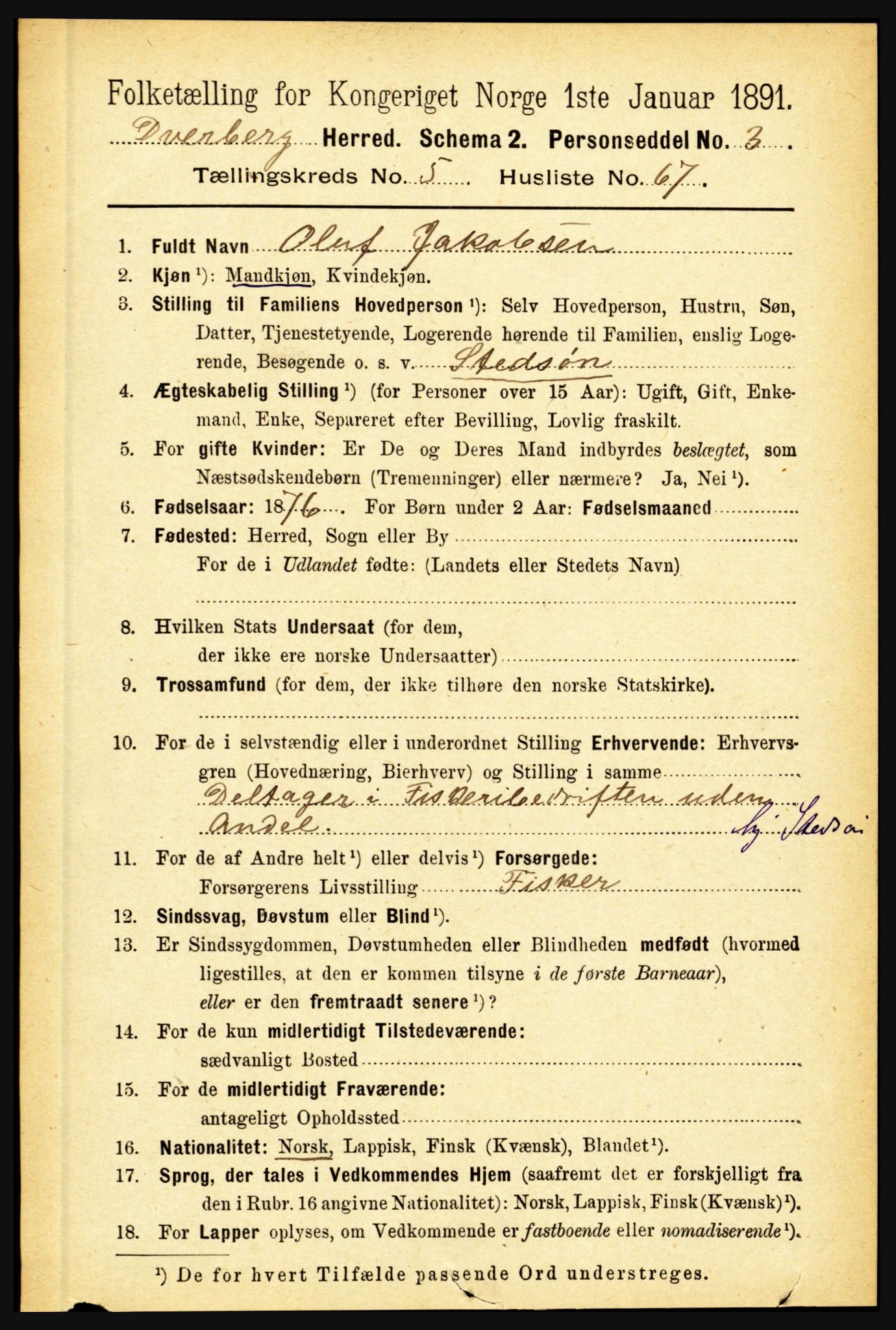 RA, 1891 census for 1872 Dverberg, 1891, p. 2018
