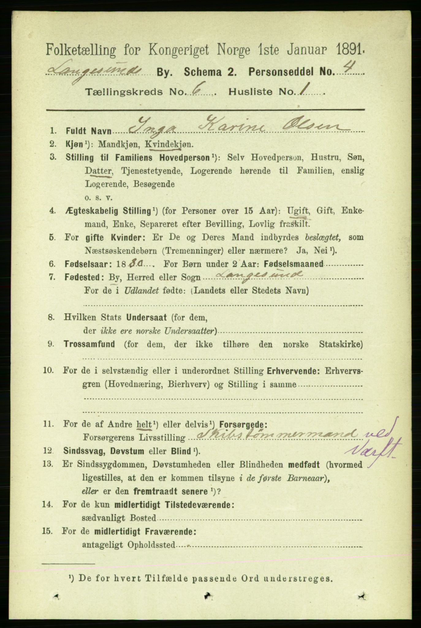 RA, 1891 census for 0802 Langesund, 1891, p. 1503