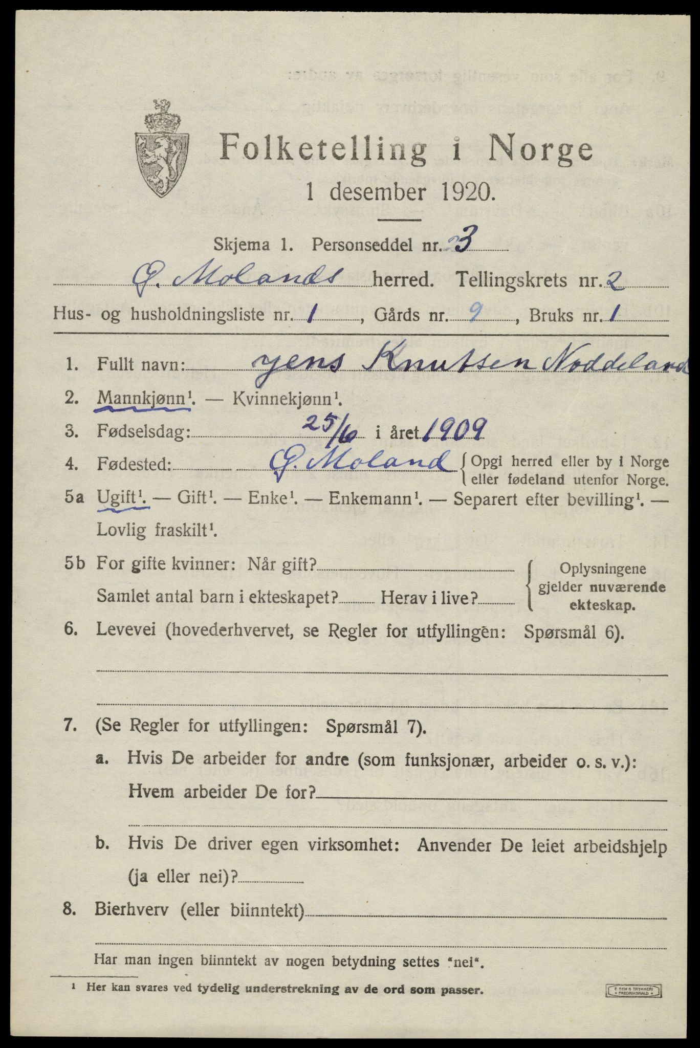 SAK, 1920 census for Austre Moland, 1920, p. 1249