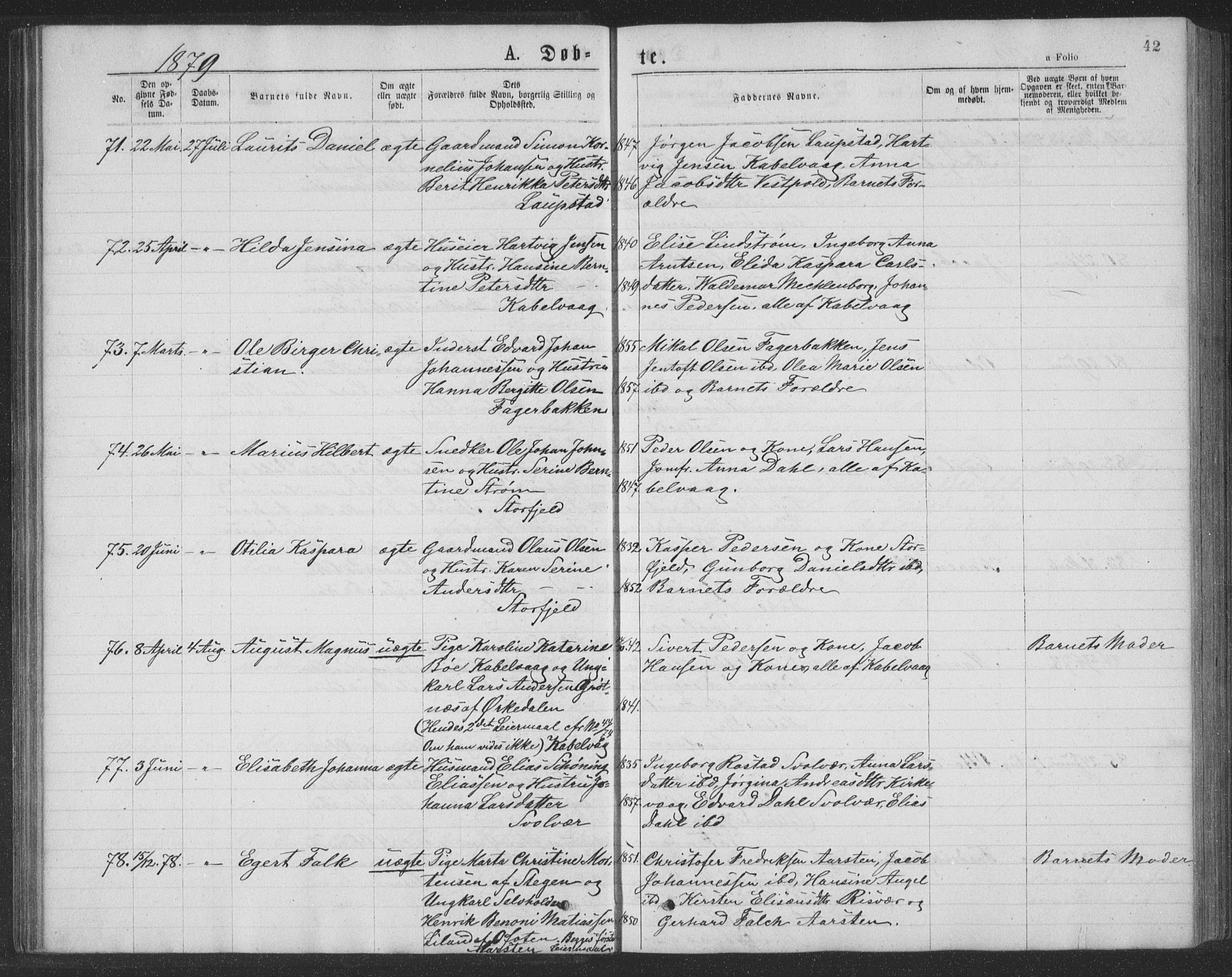 Ministerialprotokoller, klokkerbøker og fødselsregistre - Nordland, SAT/A-1459/874/L1075: Parish register (copy) no. 874C04, 1876-1883, p. 42