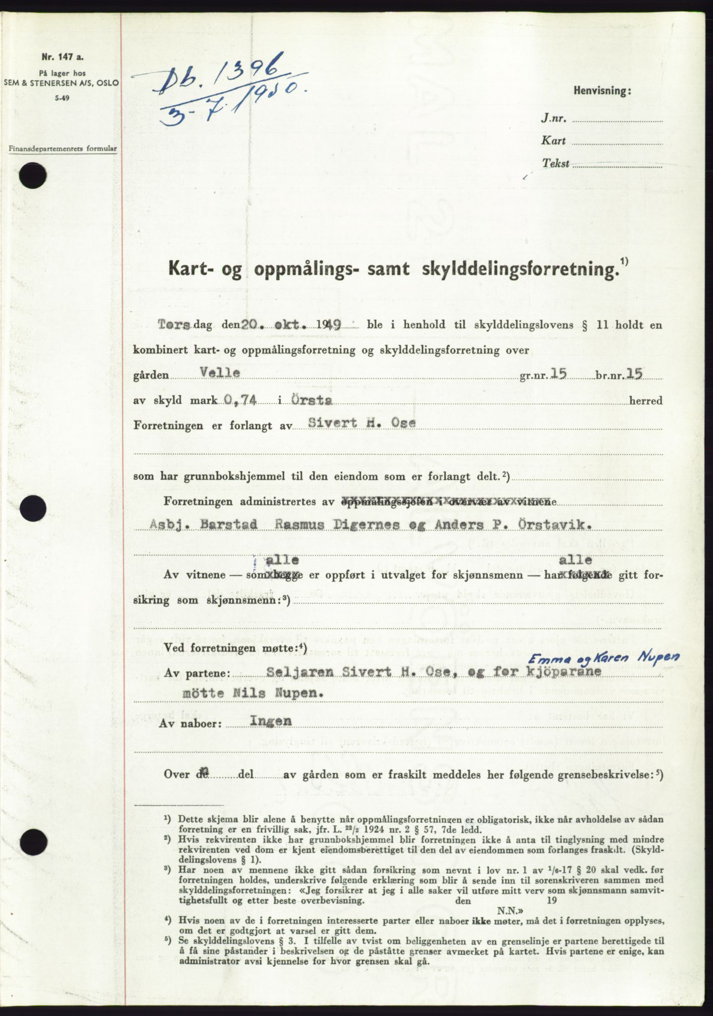 Søre Sunnmøre sorenskriveri, AV/SAT-A-4122/1/2/2C/L0087: Mortgage book no. 13A, 1950-1950, Diary no: : 1396/1950