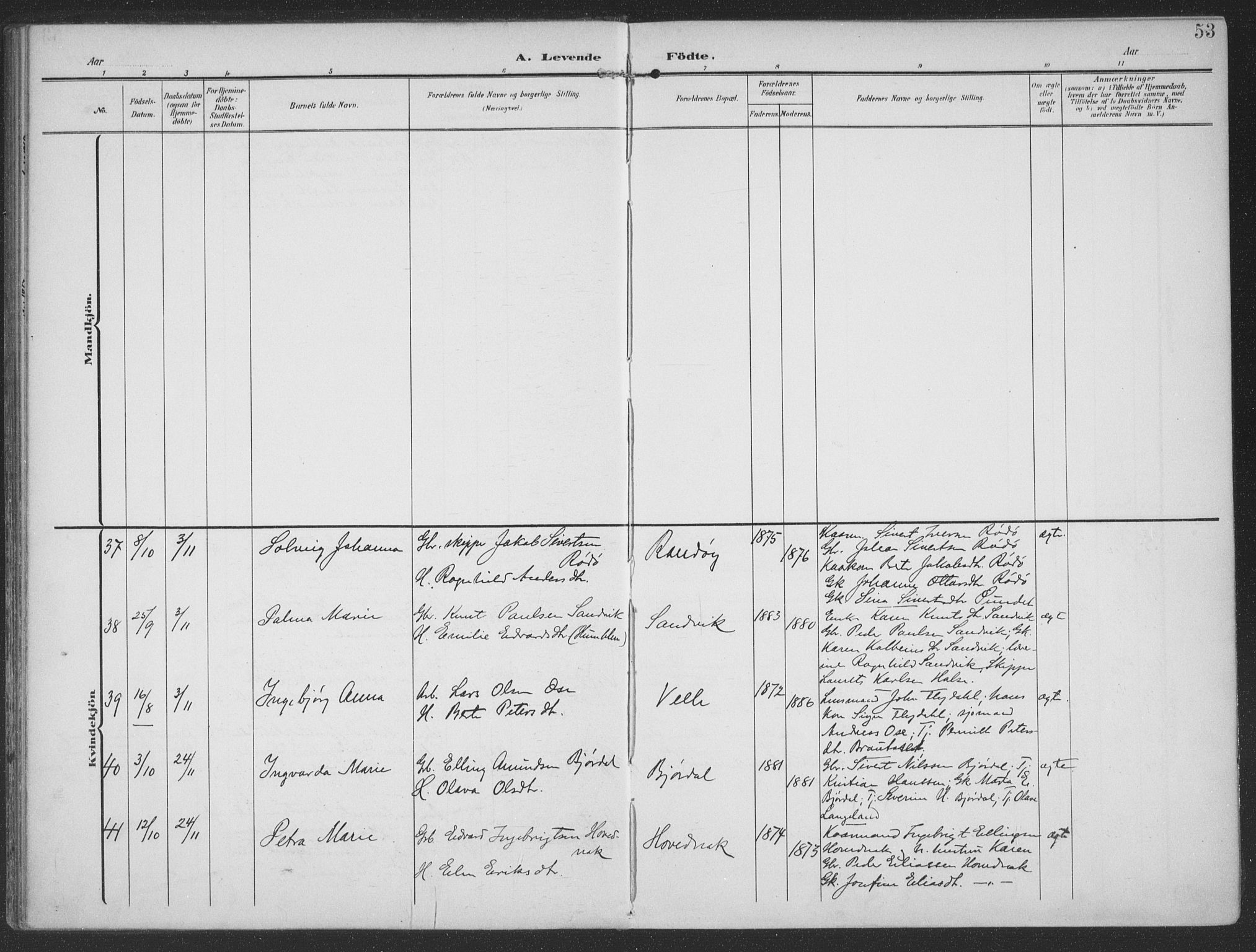 Ministerialprotokoller, klokkerbøker og fødselsregistre - Møre og Romsdal, AV/SAT-A-1454/513/L0178: Parish register (official) no. 513A05, 1906-1919, p. 53