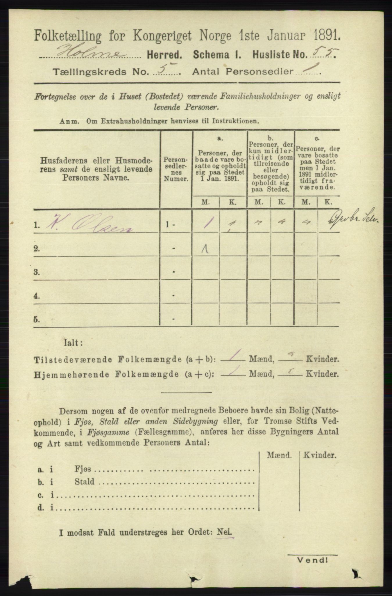 RA, 1891 census for 1020 Holum, 1891, p. 1232