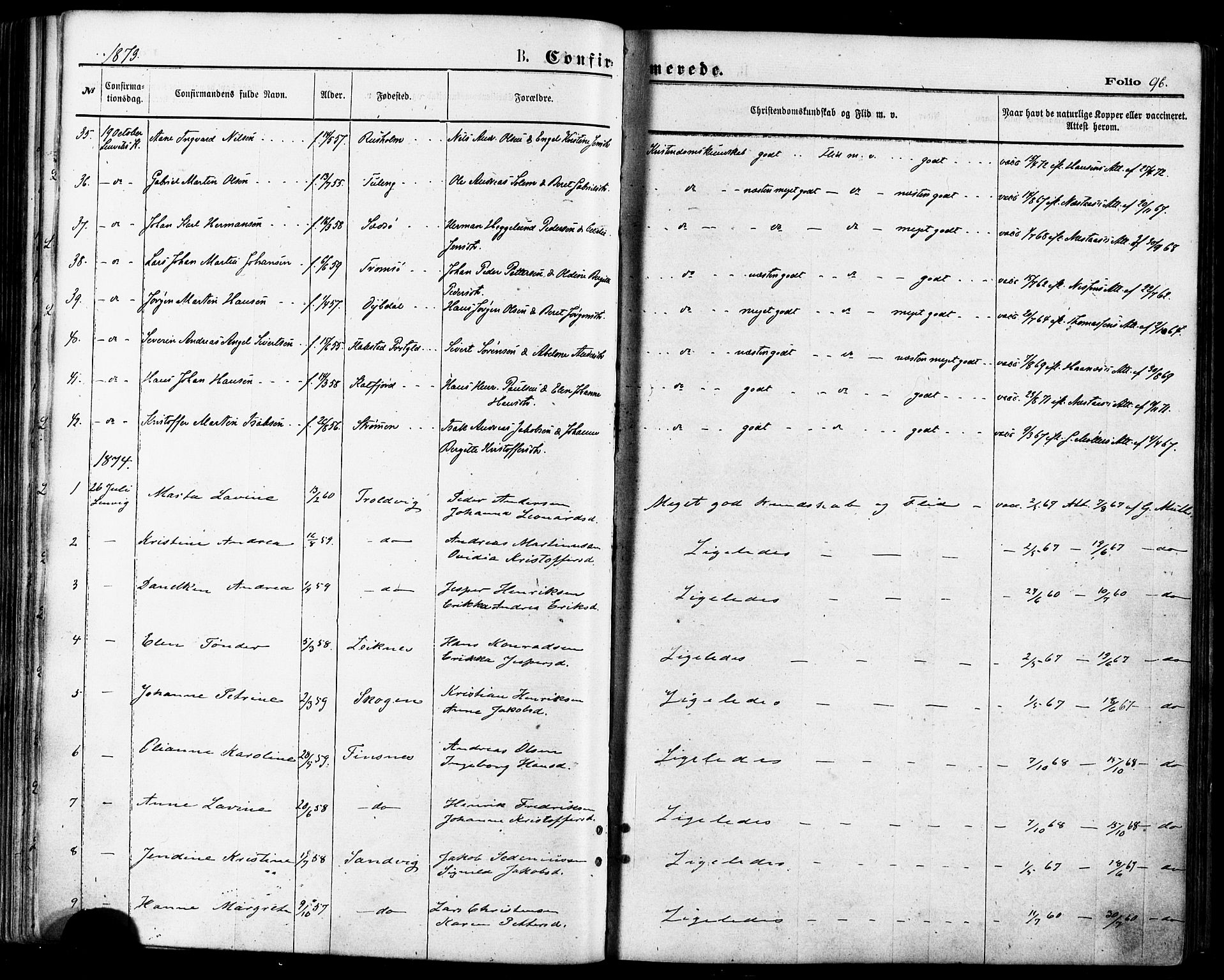 Lenvik sokneprestembete, SATØ/S-1310/H/Ha/Haa/L0010kirke: Parish register (official) no. 10, 1873-1880, p. 96