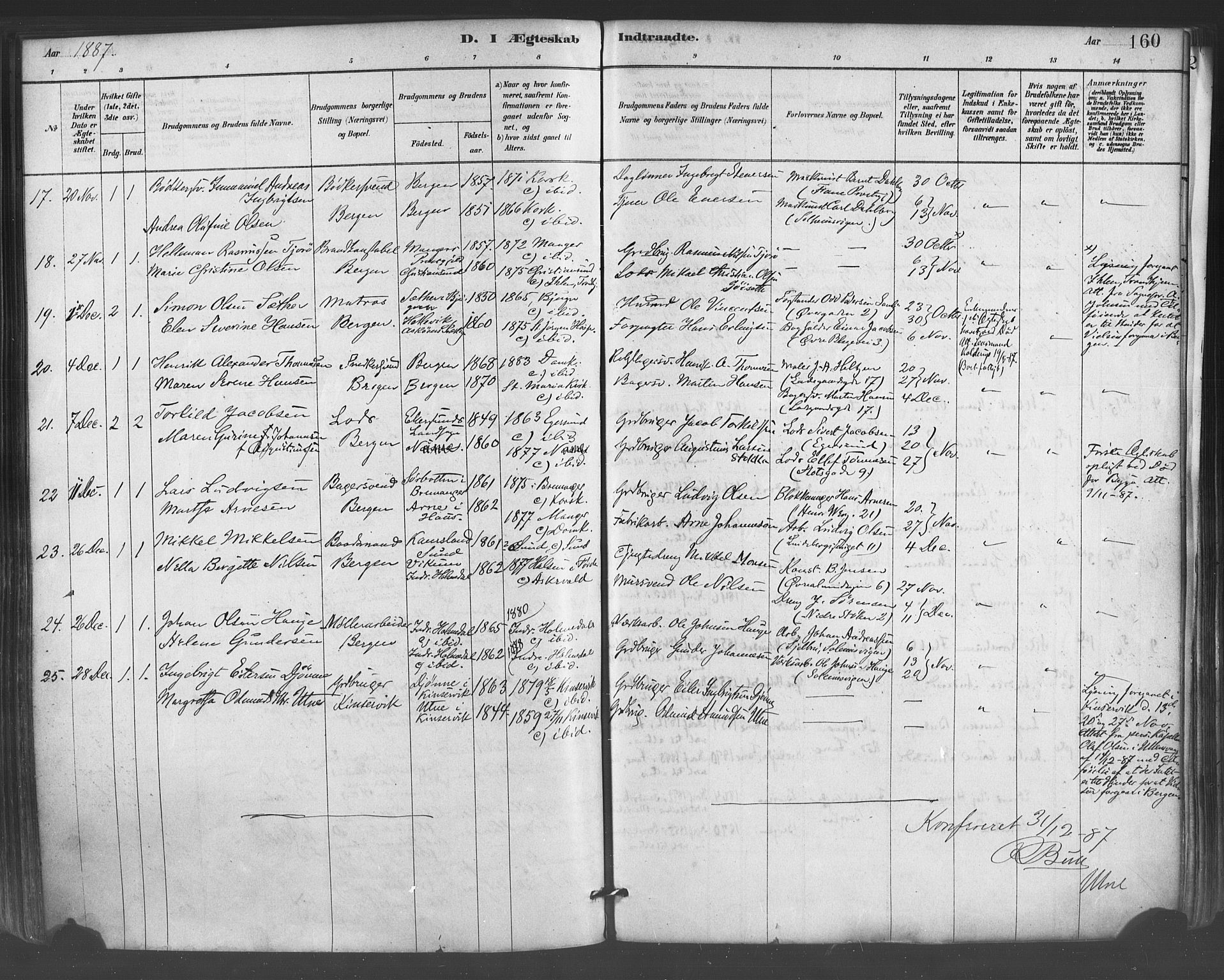 Mariakirken Sokneprestembete, SAB/A-76901/H/Haa/L0007: Parish register (official) no. A 7, 1878-1893, p. 160
