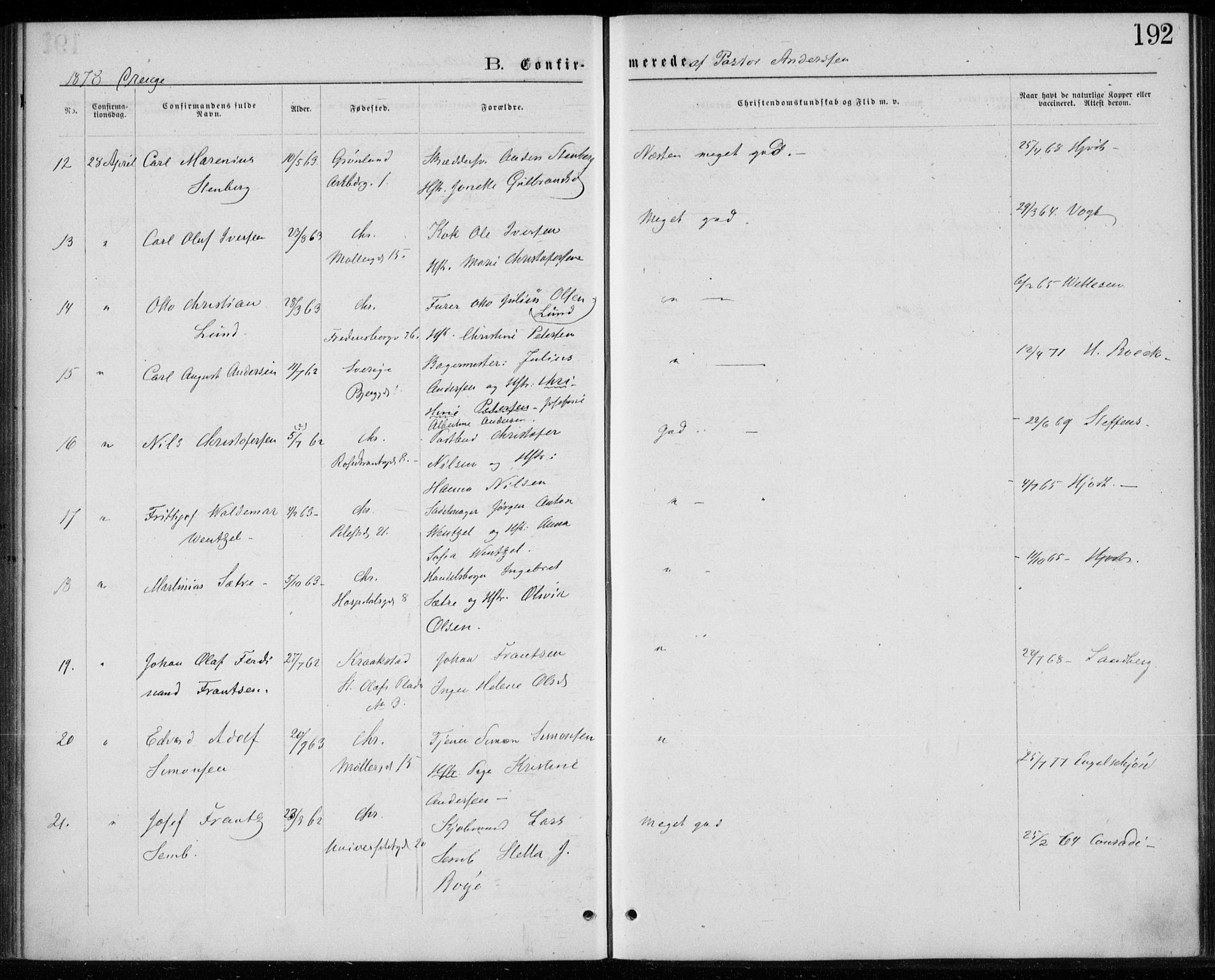 Trefoldighet prestekontor Kirkebøker, SAO/A-10882/F/Fb/L0002: Parish register (official) no. II 2, 1871-1880, p. 192