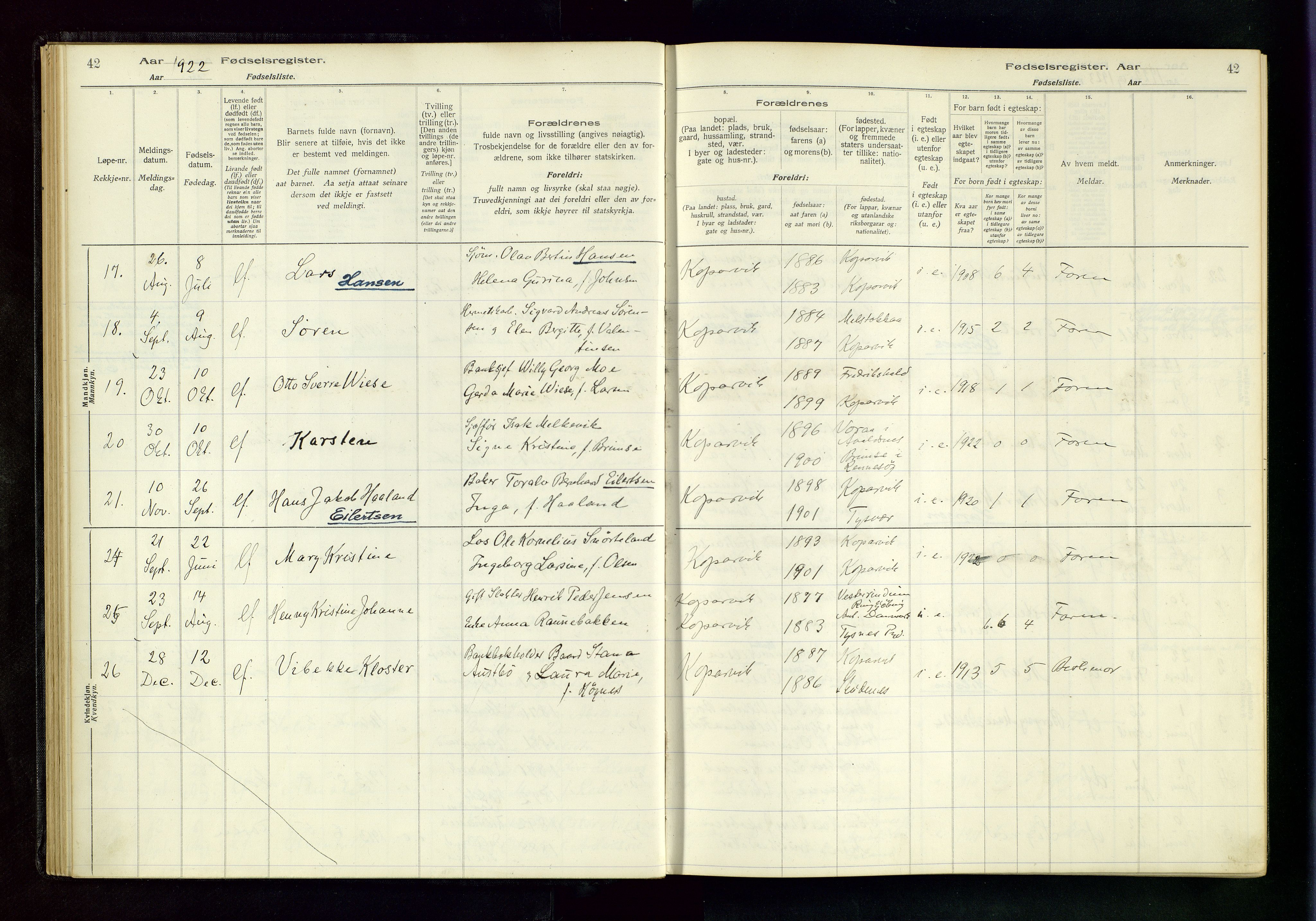 Kopervik sokneprestkontor, AV/SAST-A-101850/I/Id/L0001: Birth register no. 1, 1916-1952, p. 42