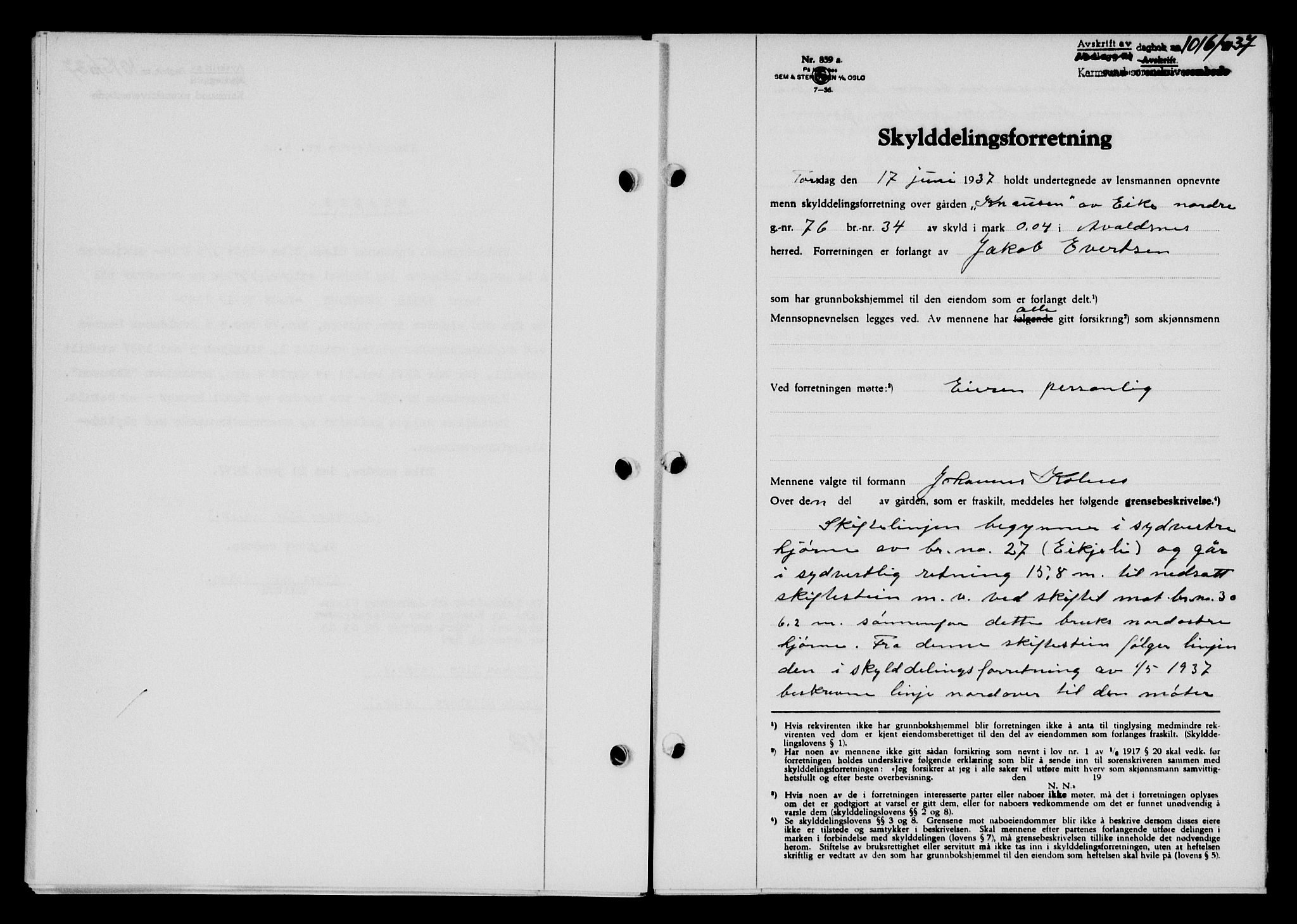 Karmsund sorenskriveri, AV/SAST-A-100311/01/II/IIB/L0068: Mortgage book no. 49A, 1937-1937, Diary no: : 1016/1937