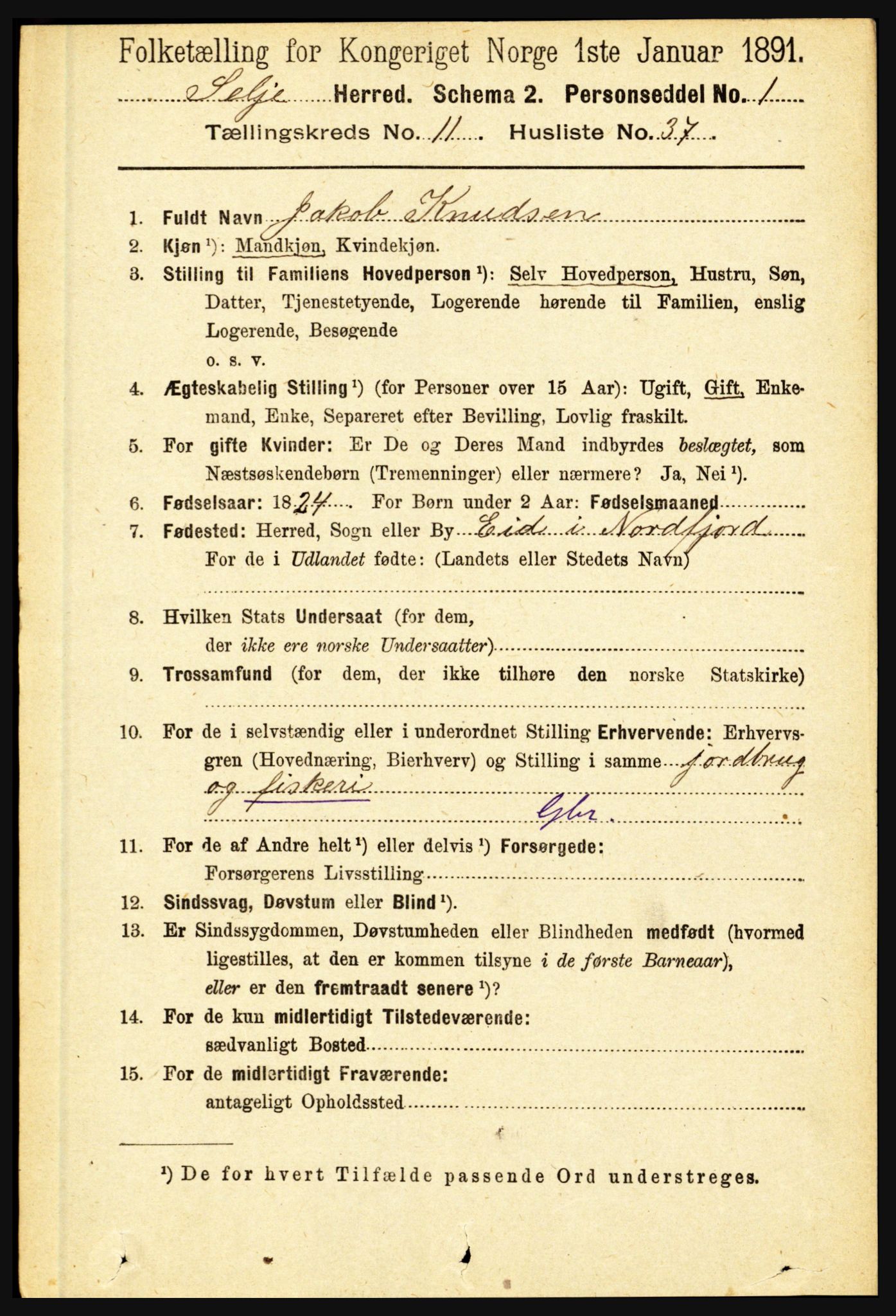 RA, 1891 census for 1441 Selje, 1891, p. 3615