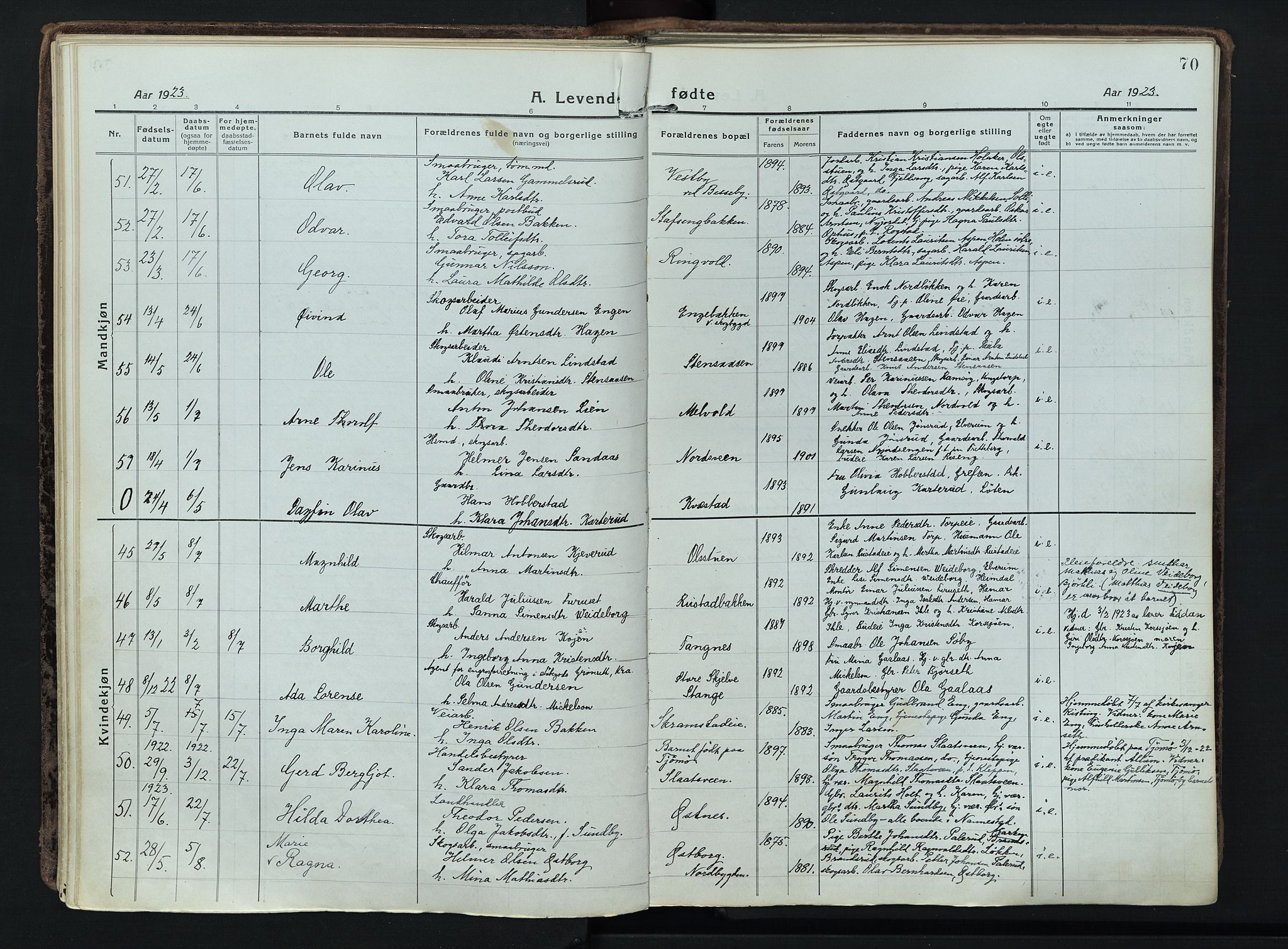 Løten prestekontor, AV/SAH-PREST-022/K/Ka/L0012: Parish register (official) no. 12, 1918-1926, p. 70