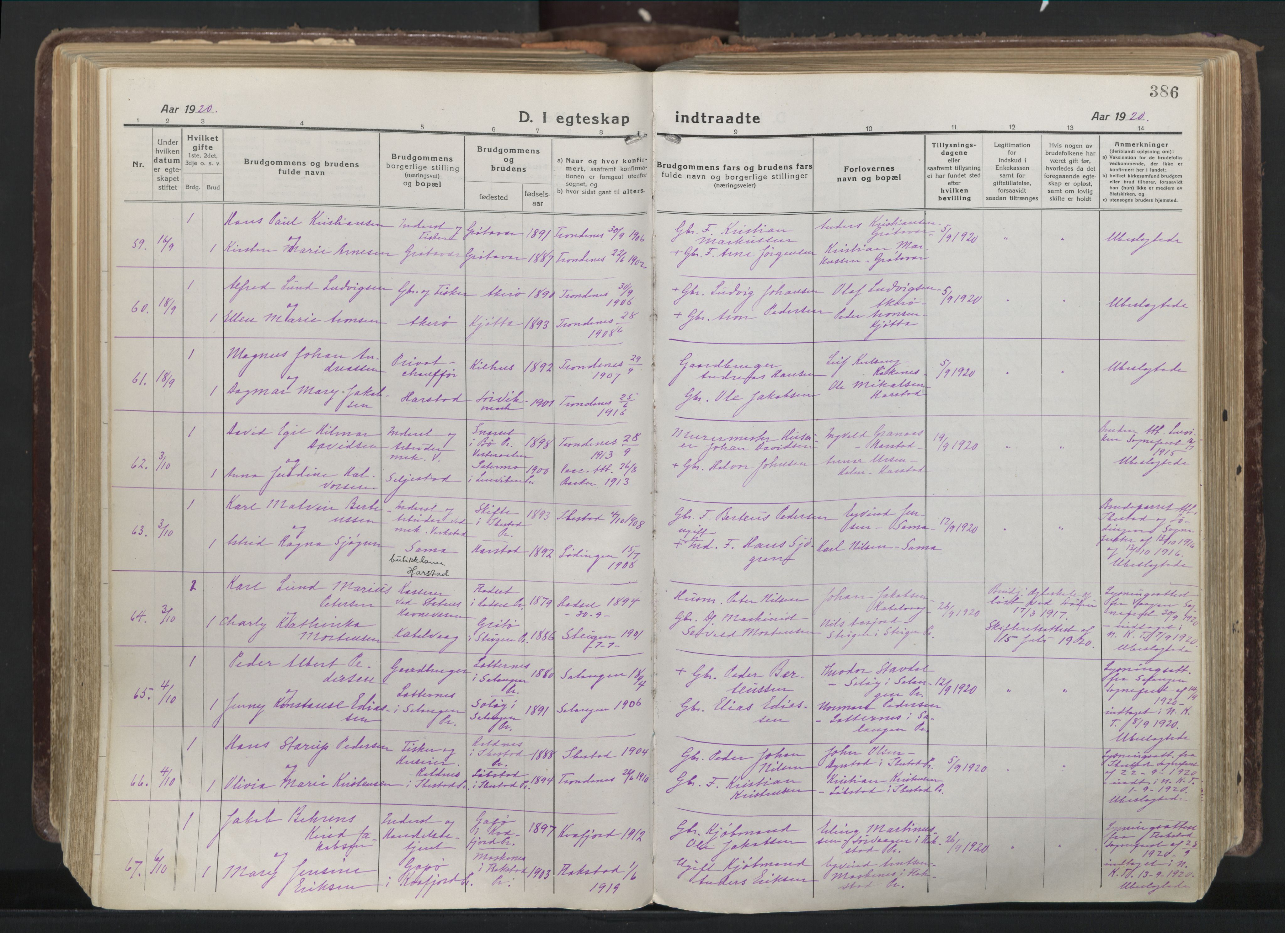 Trondenes sokneprestkontor, SATØ/S-1319/H/Ha/L0019kirke: Parish register (official) no. 19, 1919-1928, p. 386