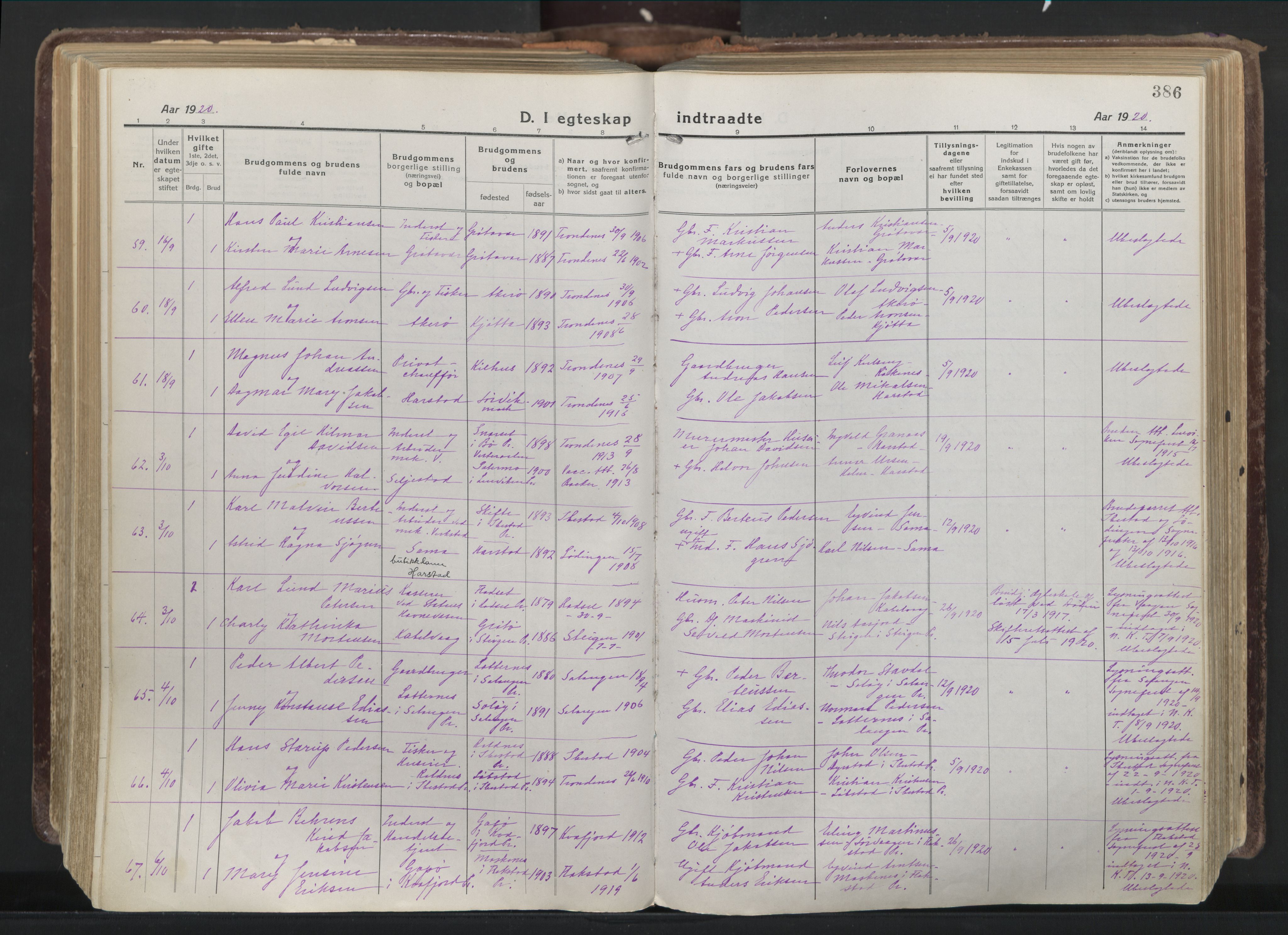 Trondenes sokneprestkontor, AV/SATØ-S-1319/H/Ha/L0019kirke: Parish register (official) no. 19, 1919-1928, p. 386