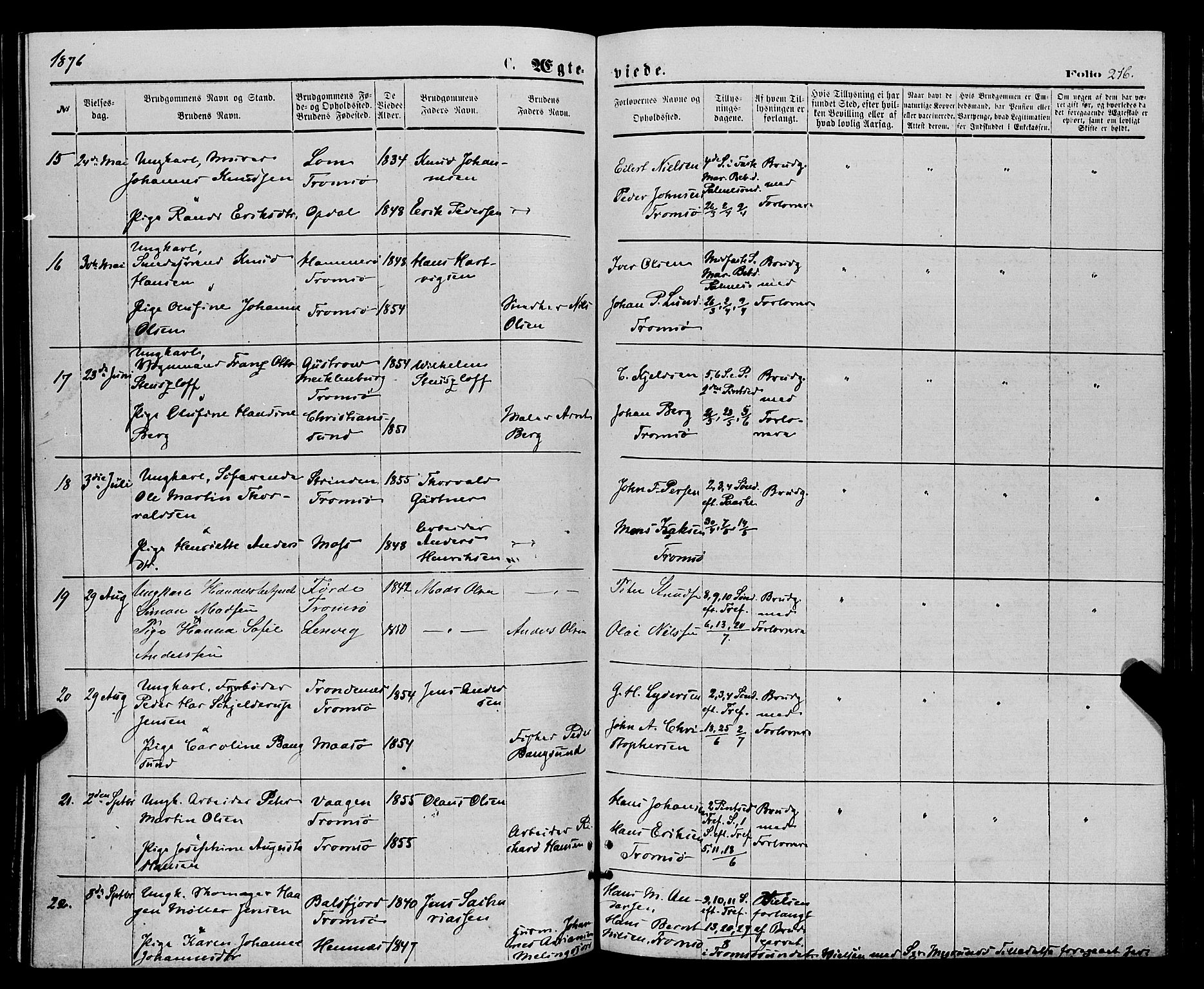 Tromsø sokneprestkontor/stiftsprosti/domprosti, SATØ/S-1343/G/Ga/L0013kirke: Parish register (official) no. 13, 1872-1877, p. 216