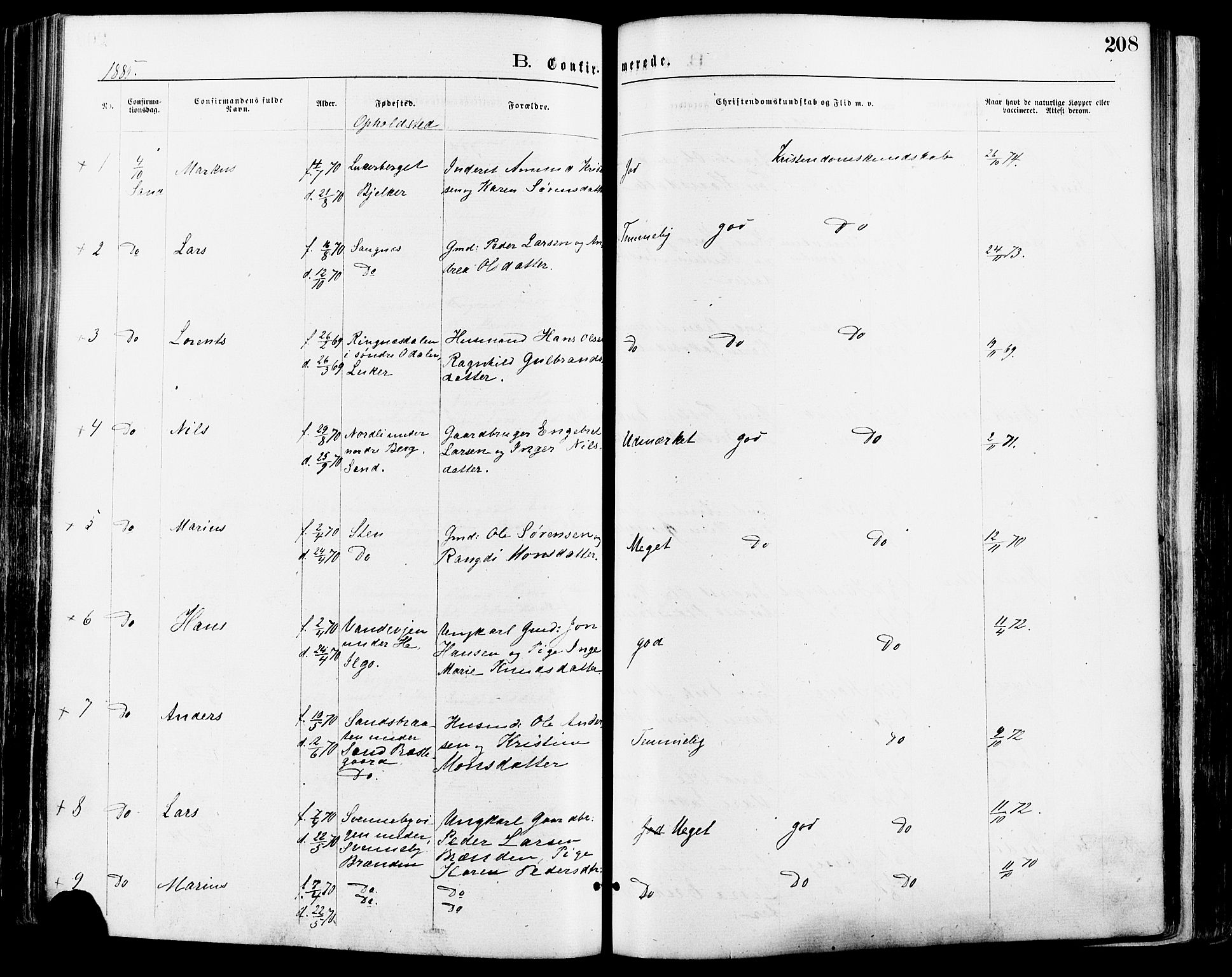 Nord-Odal prestekontor, AV/SAH-PREST-032/H/Ha/Haa/L0005: Parish register (official) no. 5, 1874-1885, p. 208