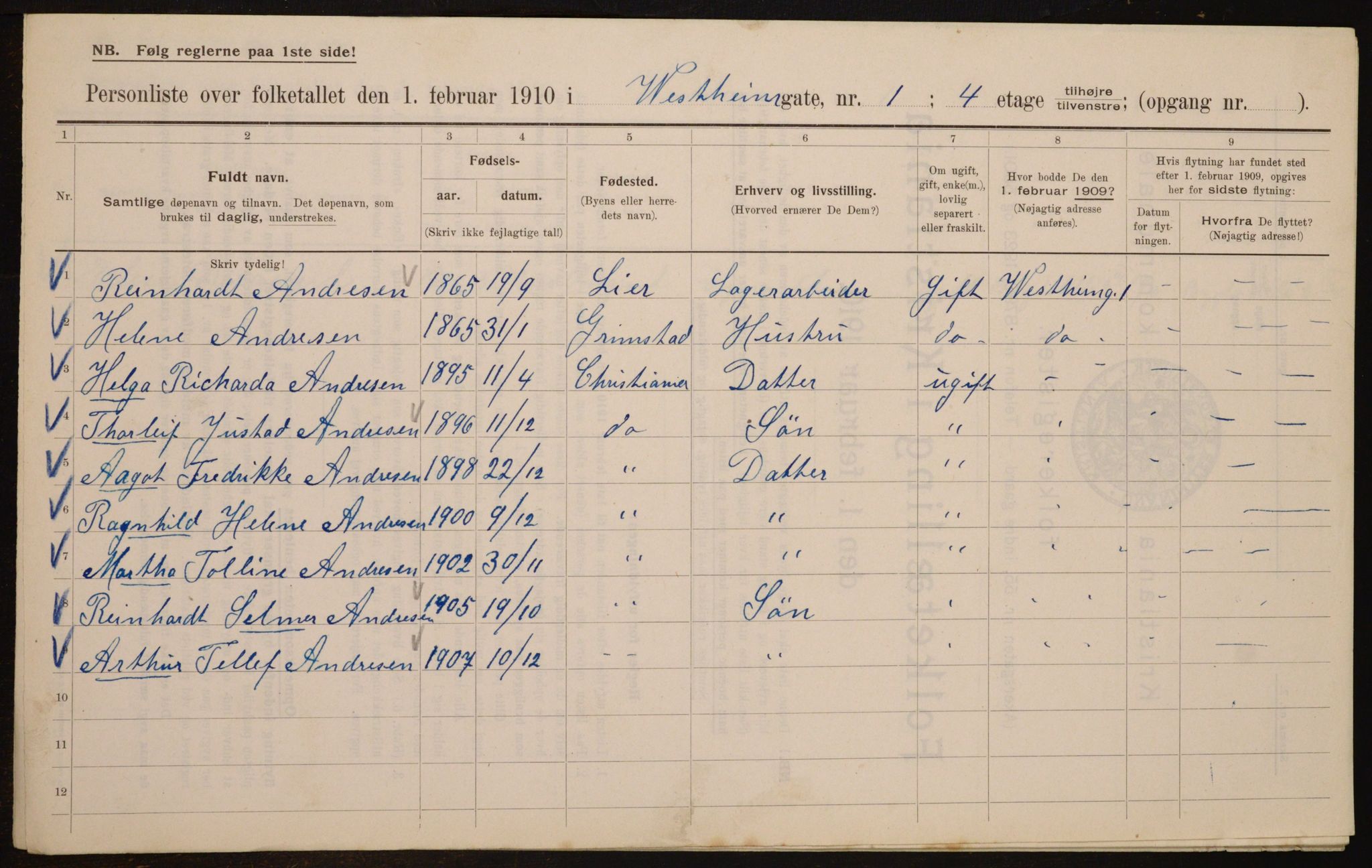 OBA, Municipal Census 1910 for Kristiania, 1910, p. 116067