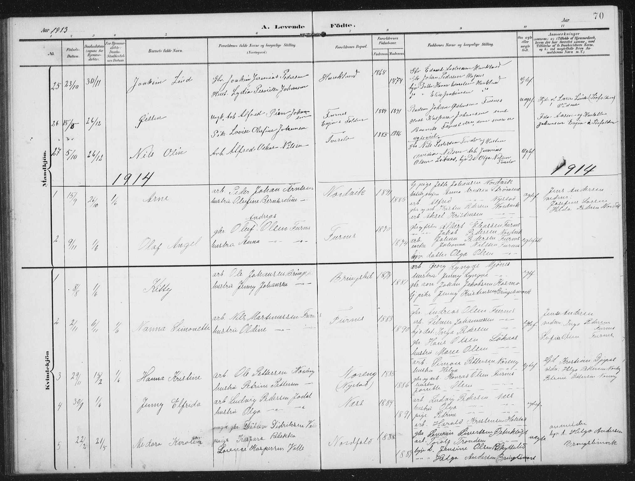 Ministerialprotokoller, klokkerbøker og fødselsregistre - Nordland, AV/SAT-A-1459/851/L0726: Parish register (copy) no. 851C01, 1902-1924, p. 70