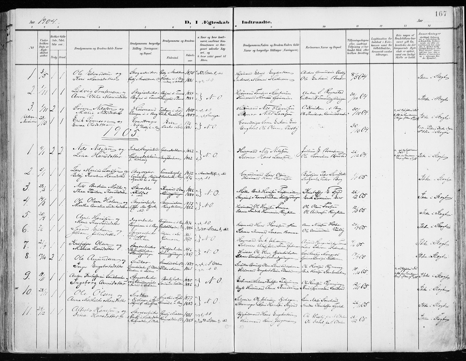 Nord-Odal prestekontor, SAH/PREST-032/H/Ha/Haa/L0009: Parish register (official) no. 9, 1902-1926, p. 167