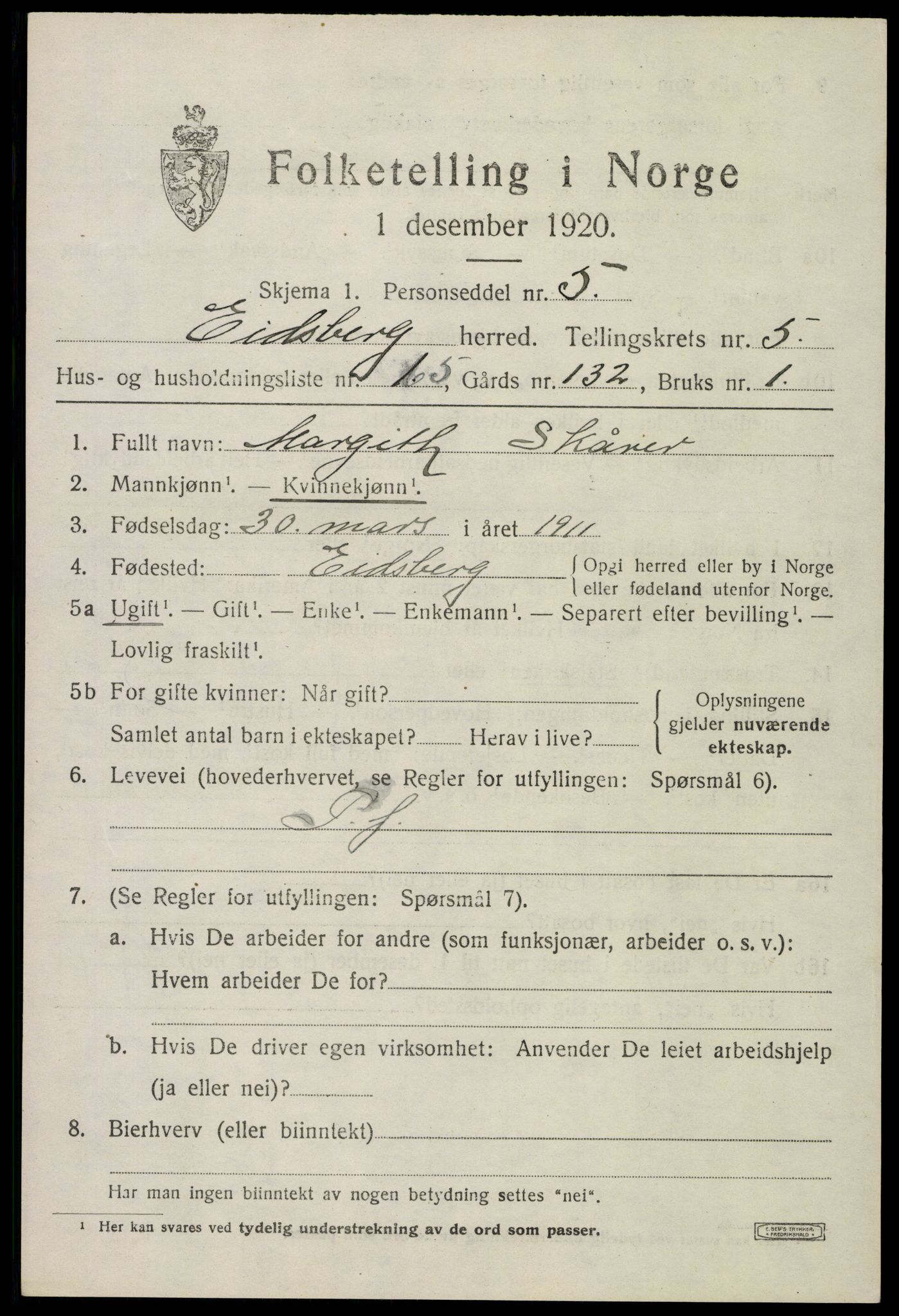 SAO, 1920 census for Eidsberg, 1920, p. 7471