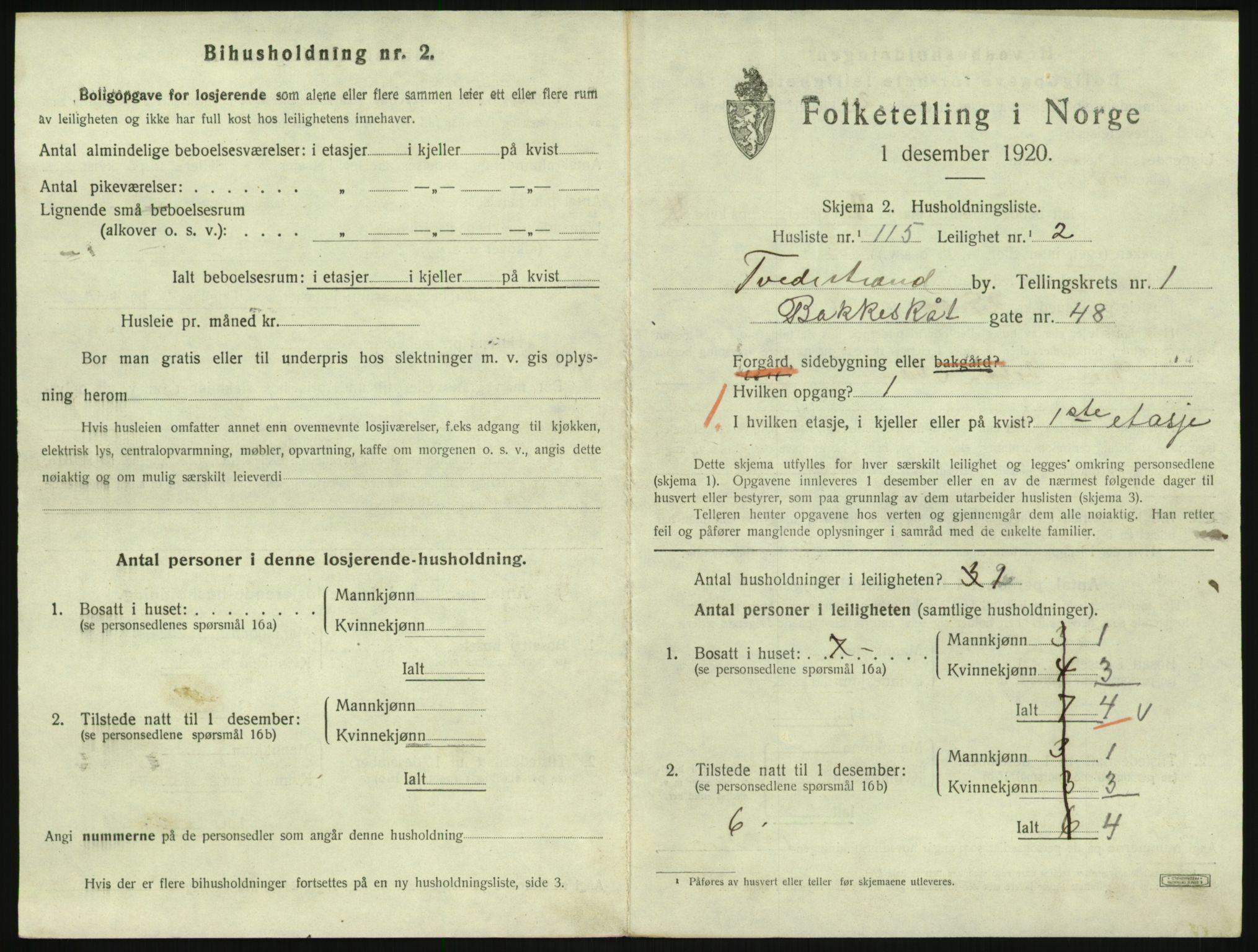 SAK, 1920 census for Tvedestrand, 1920, p. 897