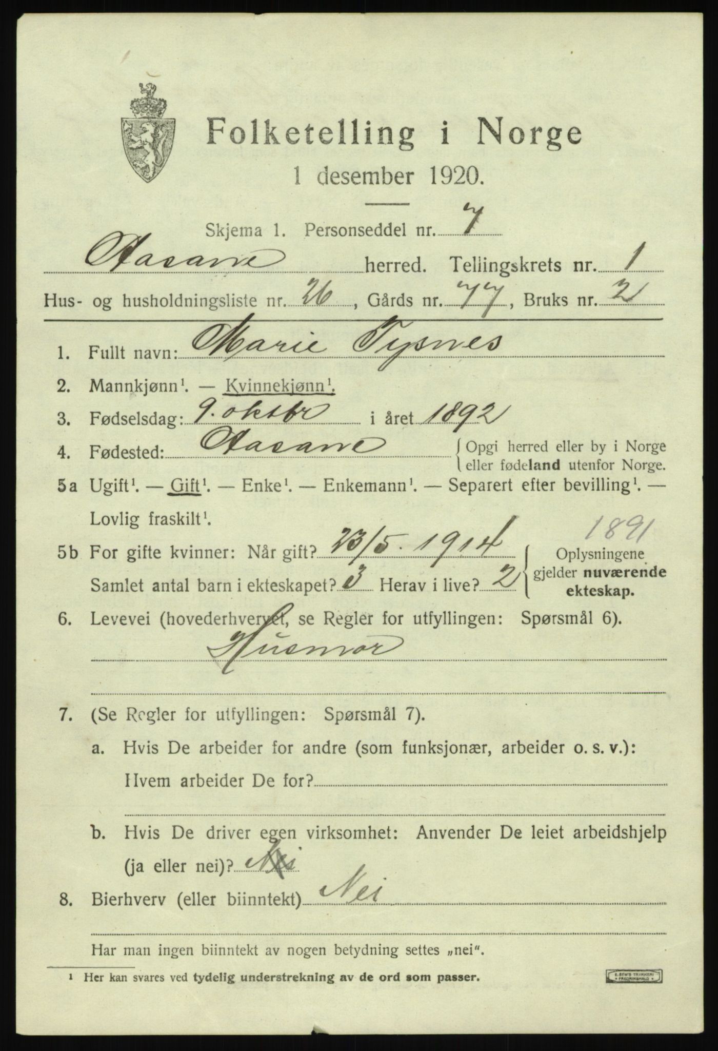 SAB, 1920 census for Åsane, 1920, p. 1221