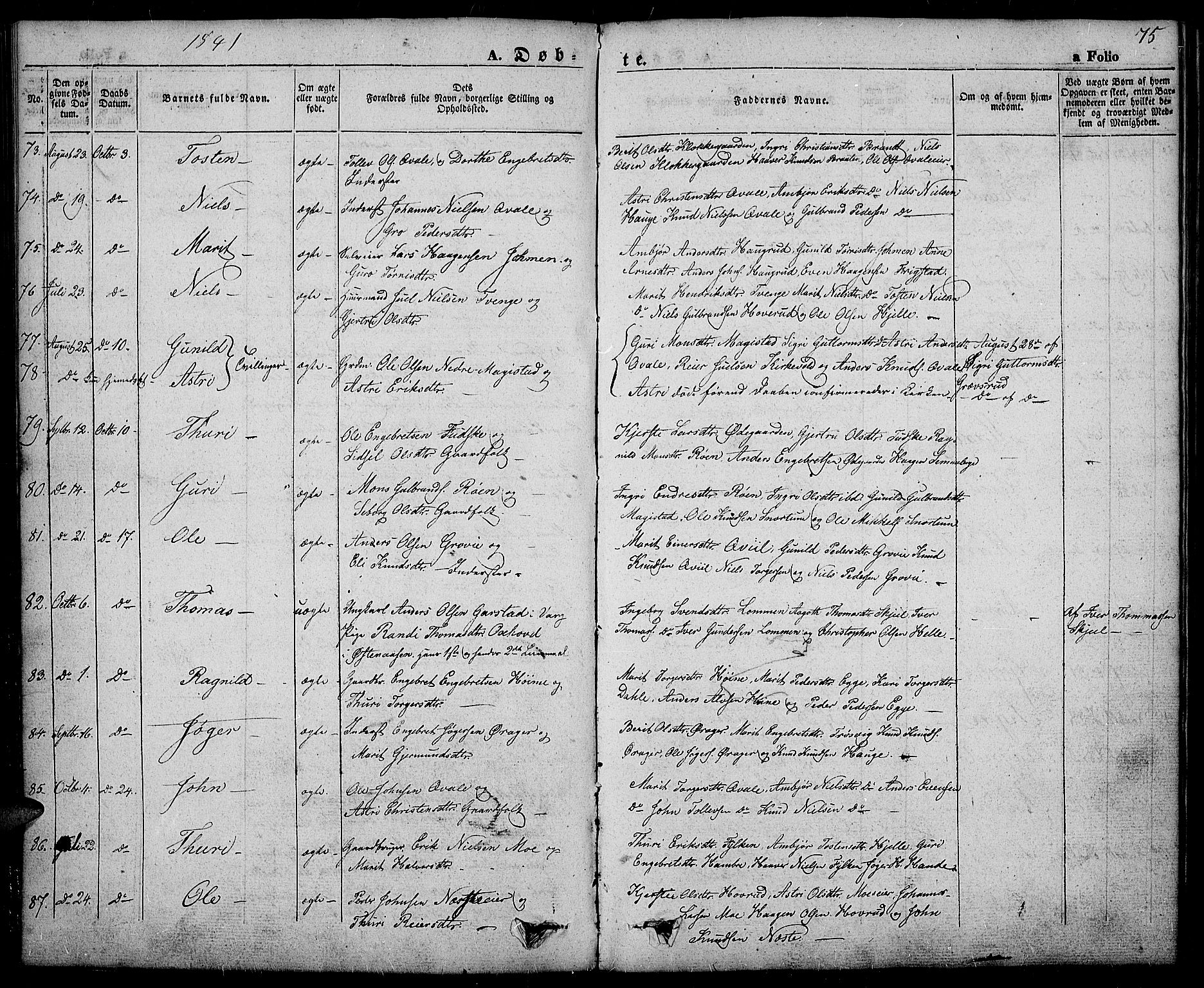 Slidre prestekontor, SAH/PREST-134/H/Ha/Haa/L0003: Parish register (official) no. 3, 1831-1843, p. 75