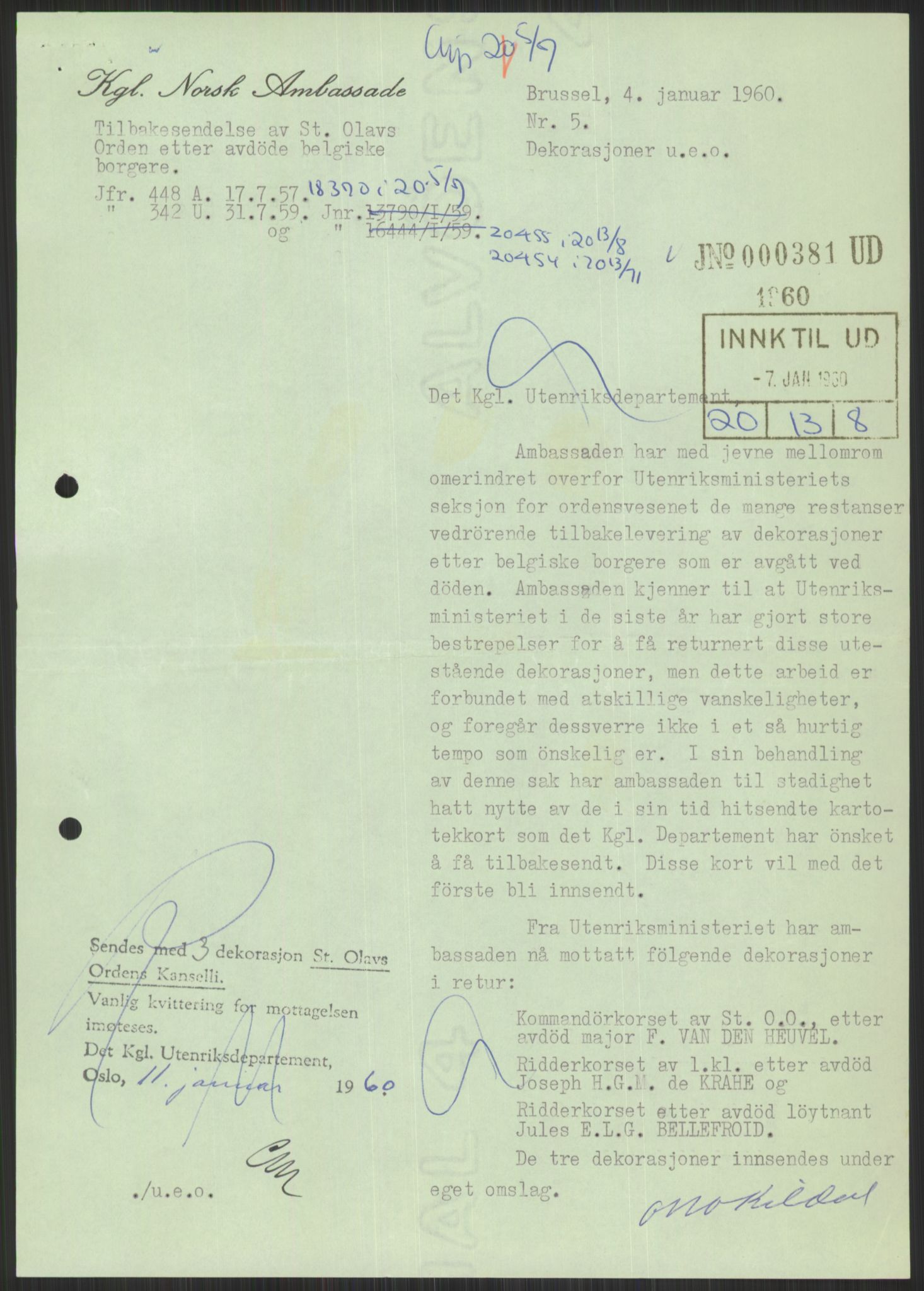 Utenriksdepartementet, hovedarkiv, AV/RA-S-6794/D/Da/Daa/L0537: Ordensvesen. Fremmede lands ordener, medaljer og hederstegn. Hjemsendelse av norske ordener etter utlendinger, 1954-1969, p. 143