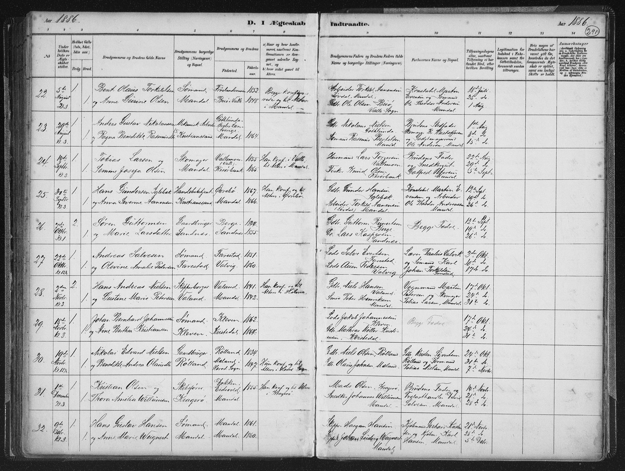 Mandal sokneprestkontor, AV/SAK-1111-0030/F/Fb/Fba/L0011: Parish register (copy) no. B 5, 1880-1898, p. 291