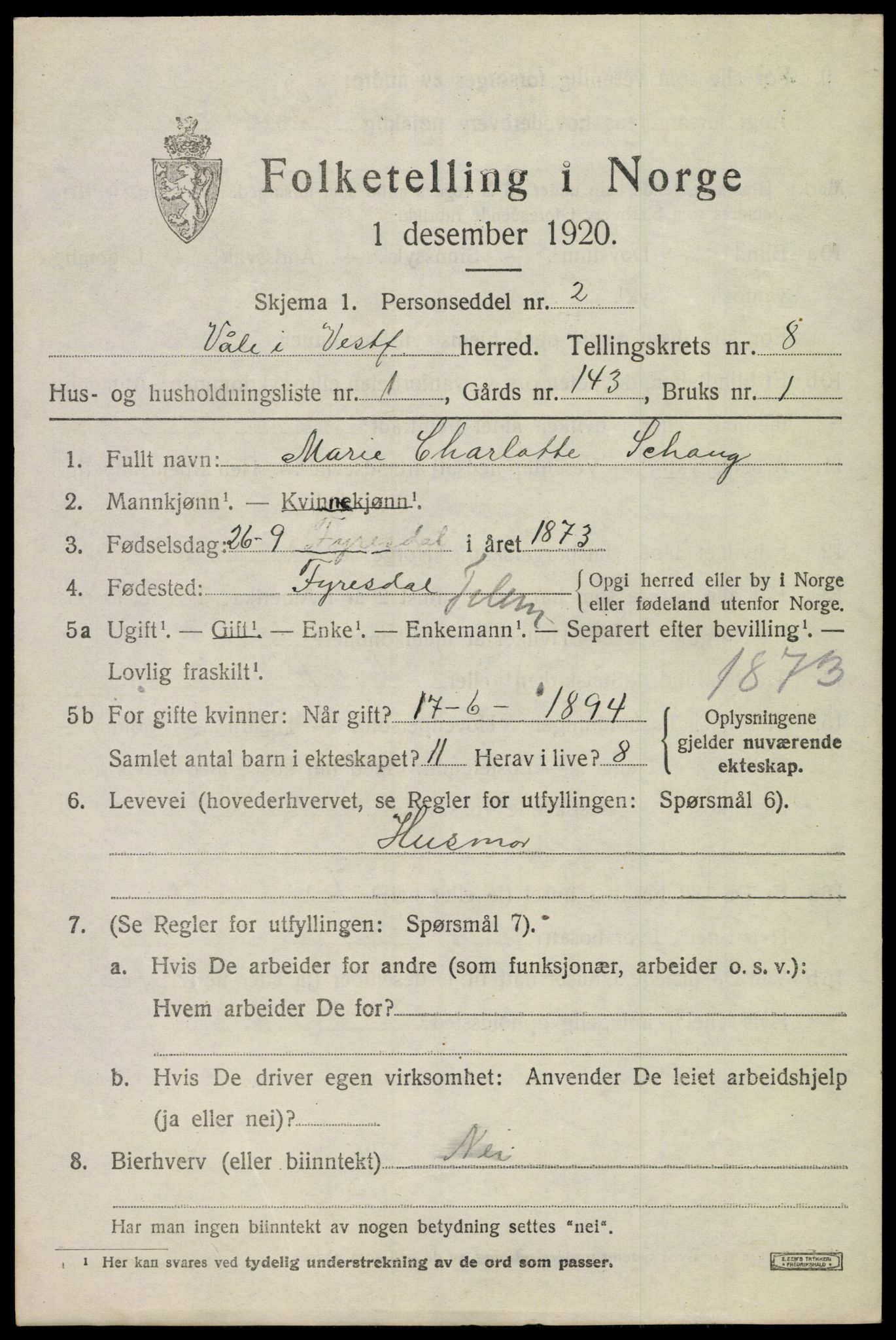 SAKO, 1920 census for Våle, 1920, p. 6162