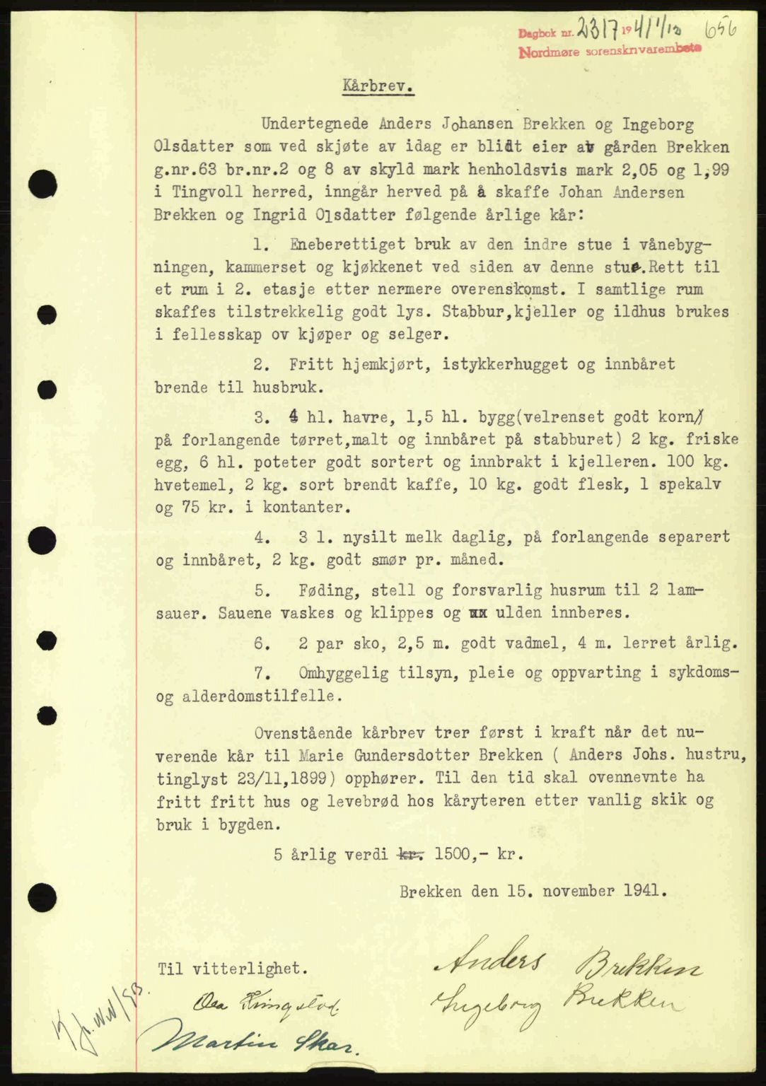 Nordmøre sorenskriveri, AV/SAT-A-4132/1/2/2Ca: Mortgage book no. B88, 1941-1942, Diary no: : 2317/1941