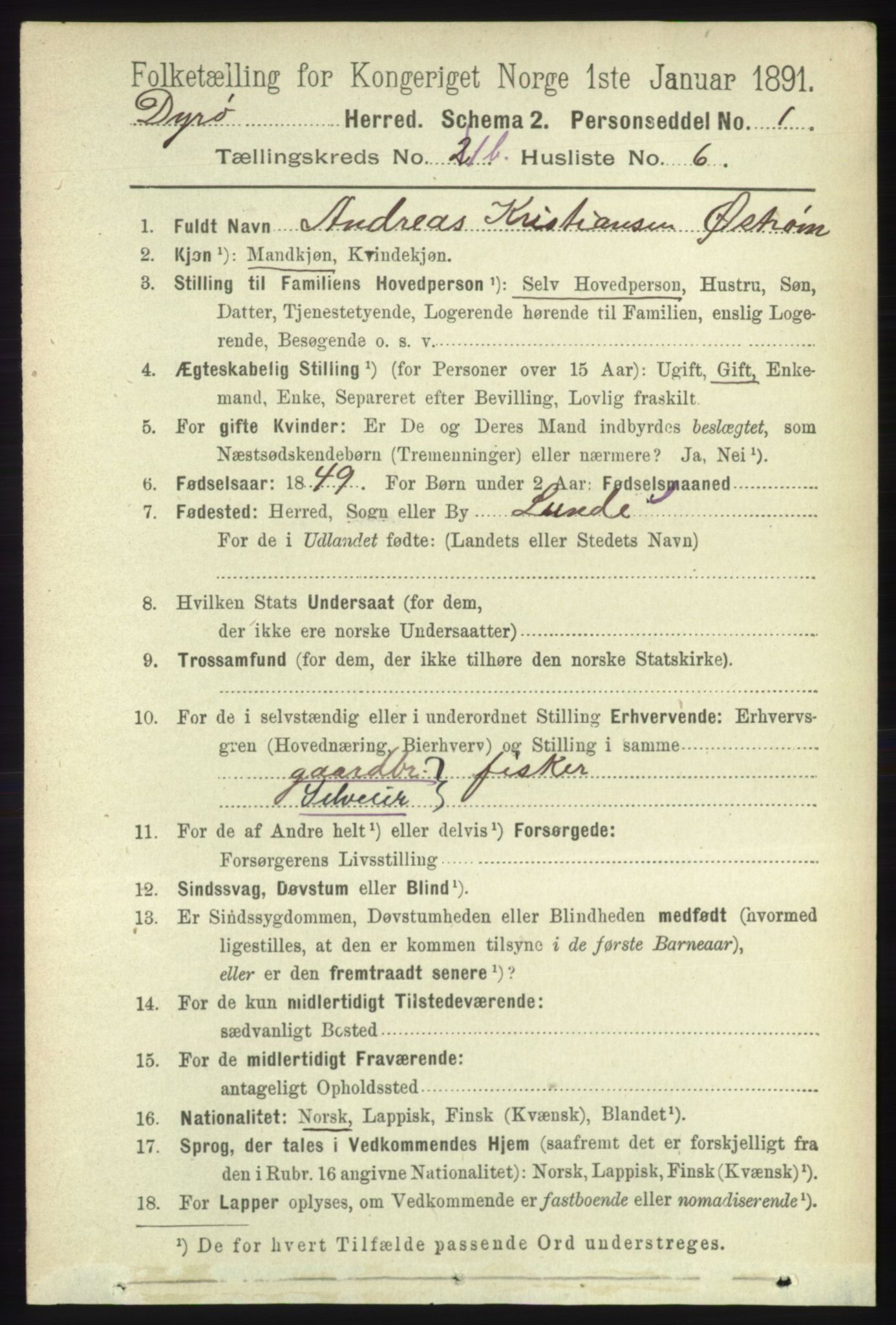 RA, 1891 census for 1926 Dyrøy, 1891, p. 418