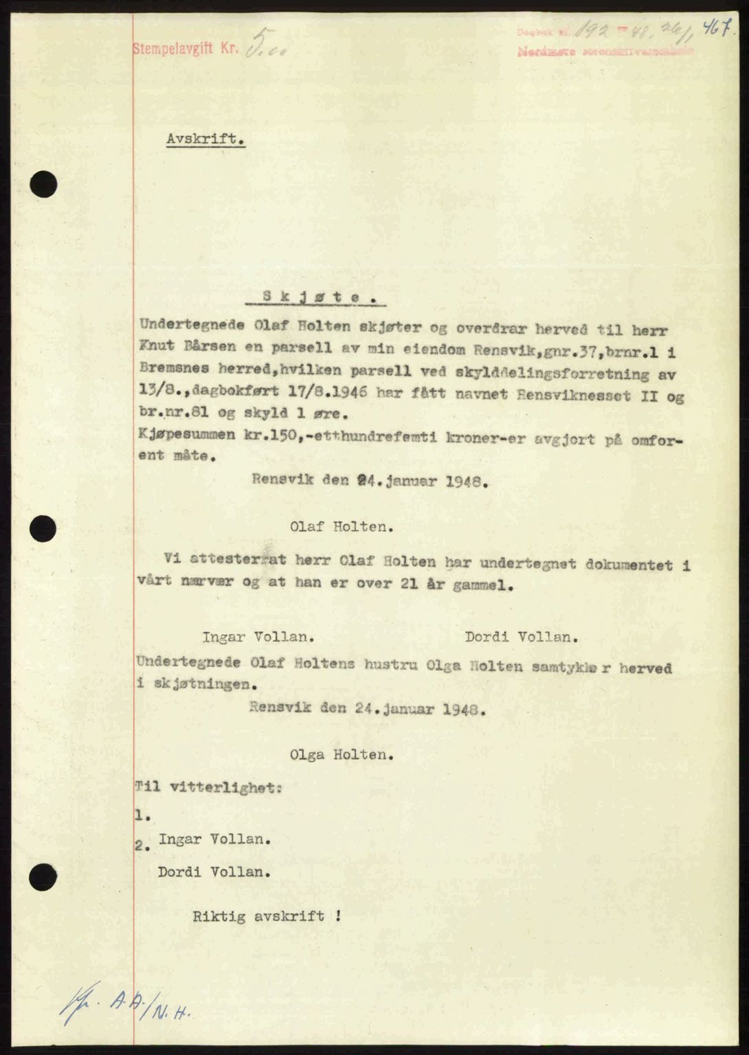 Nordmøre sorenskriveri, AV/SAT-A-4132/1/2/2Ca: Mortgage book no. A107, 1947-1948, Diary no: : 192/1948