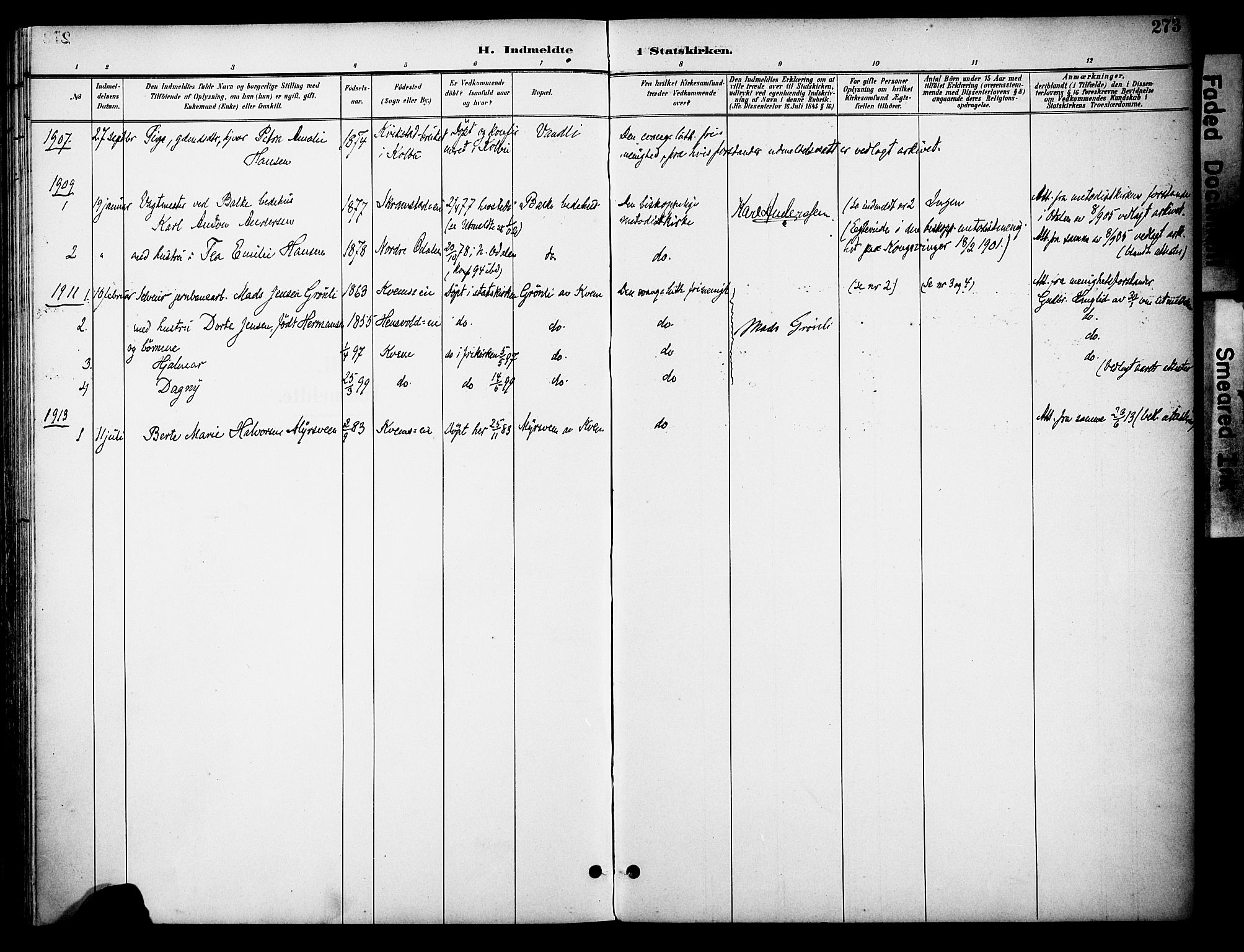 Østre Toten prestekontor, AV/SAH-PREST-104/H/Ha/Haa/L0009: Parish register (official) no. 9, 1897-1913, p. 273