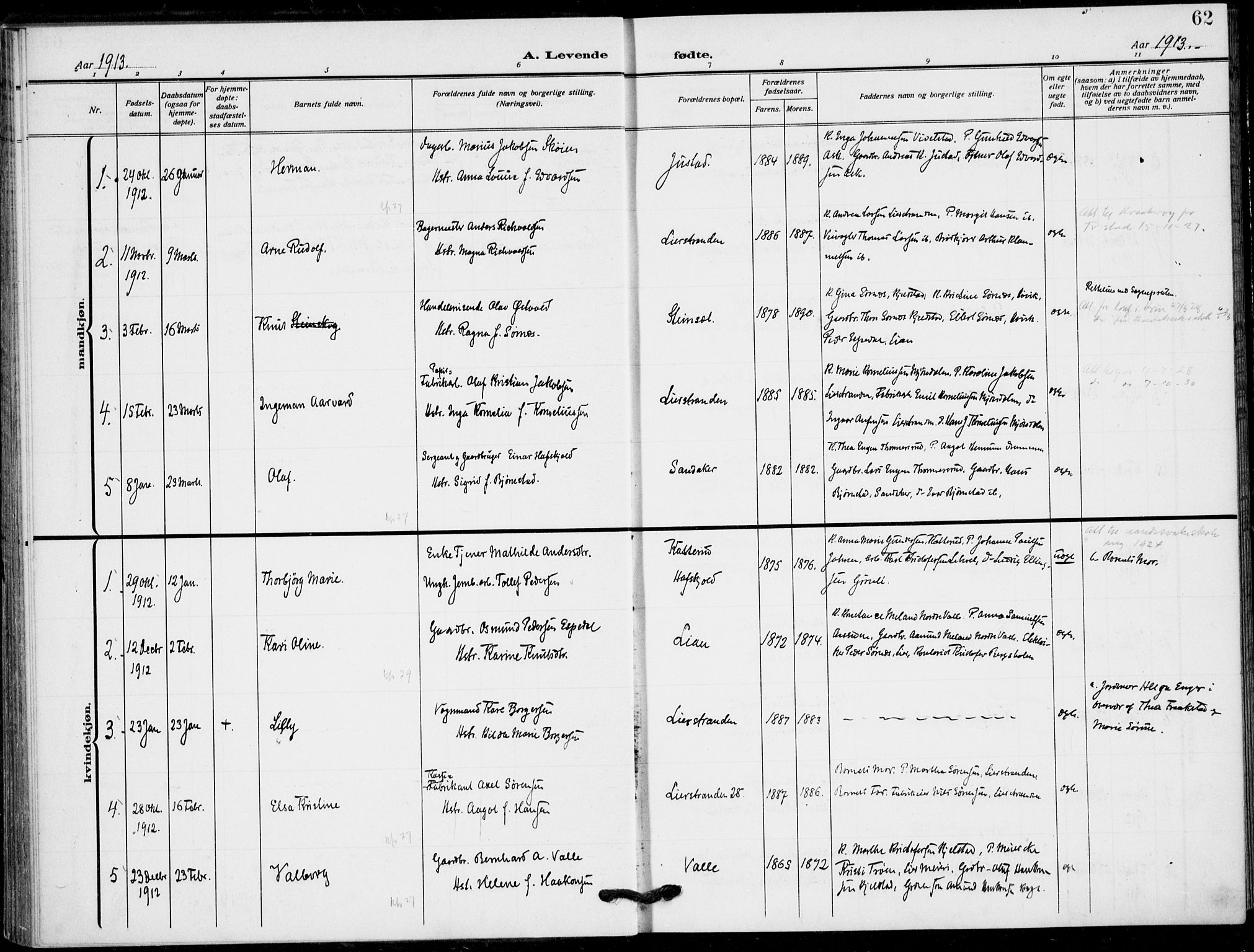 Lier kirkebøker, SAKO/A-230/F/Fa/L0018: Parish register (official) no. I 18, 1909-1917, p. 62