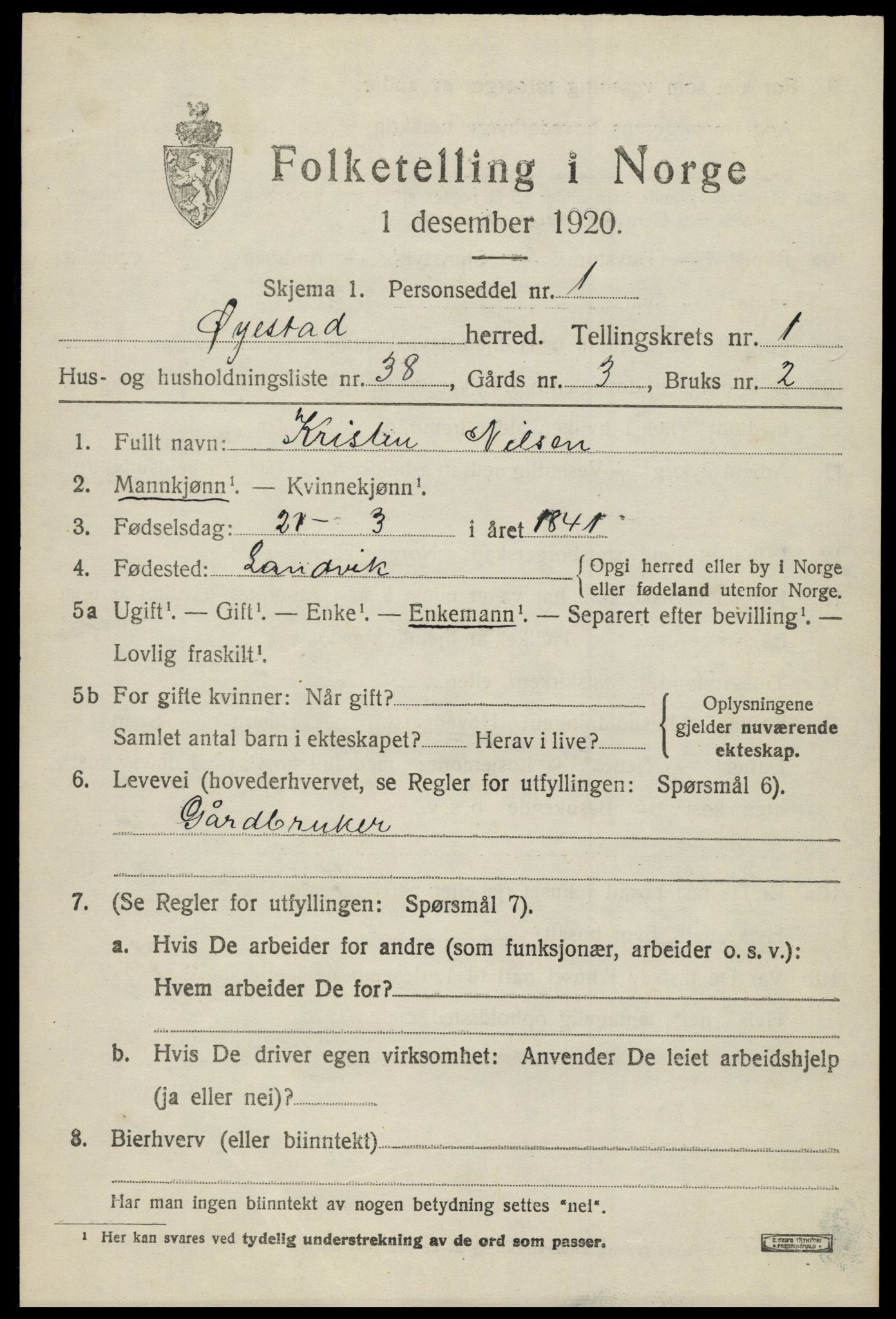 SAK, 1920 census for Øyestad, 1920, p. 2232