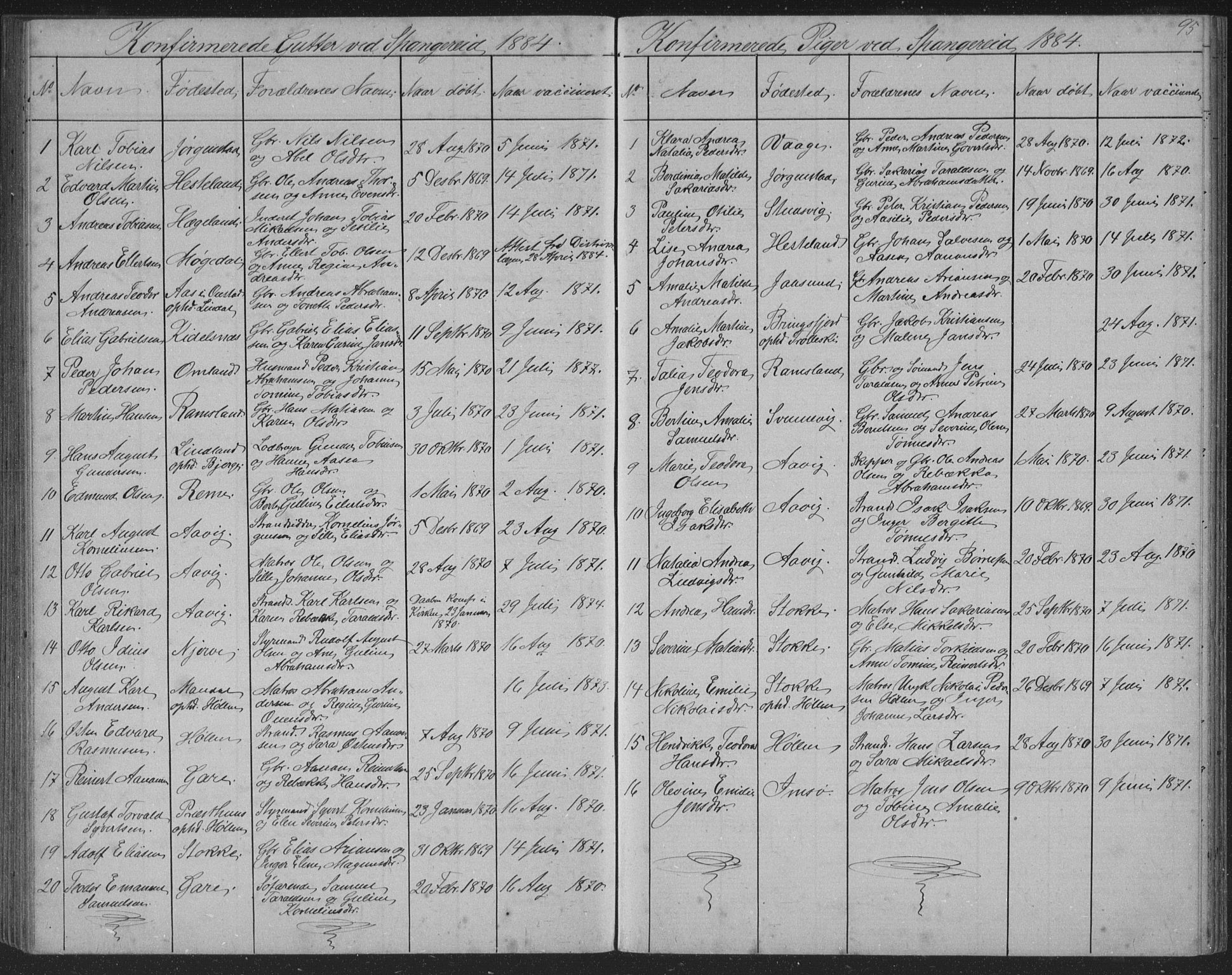 Sør-Audnedal sokneprestkontor, SAK/1111-0039/F/Fb/Fba/L0003: Parish register (copy) no. B 3, 1879-1893, p. 95