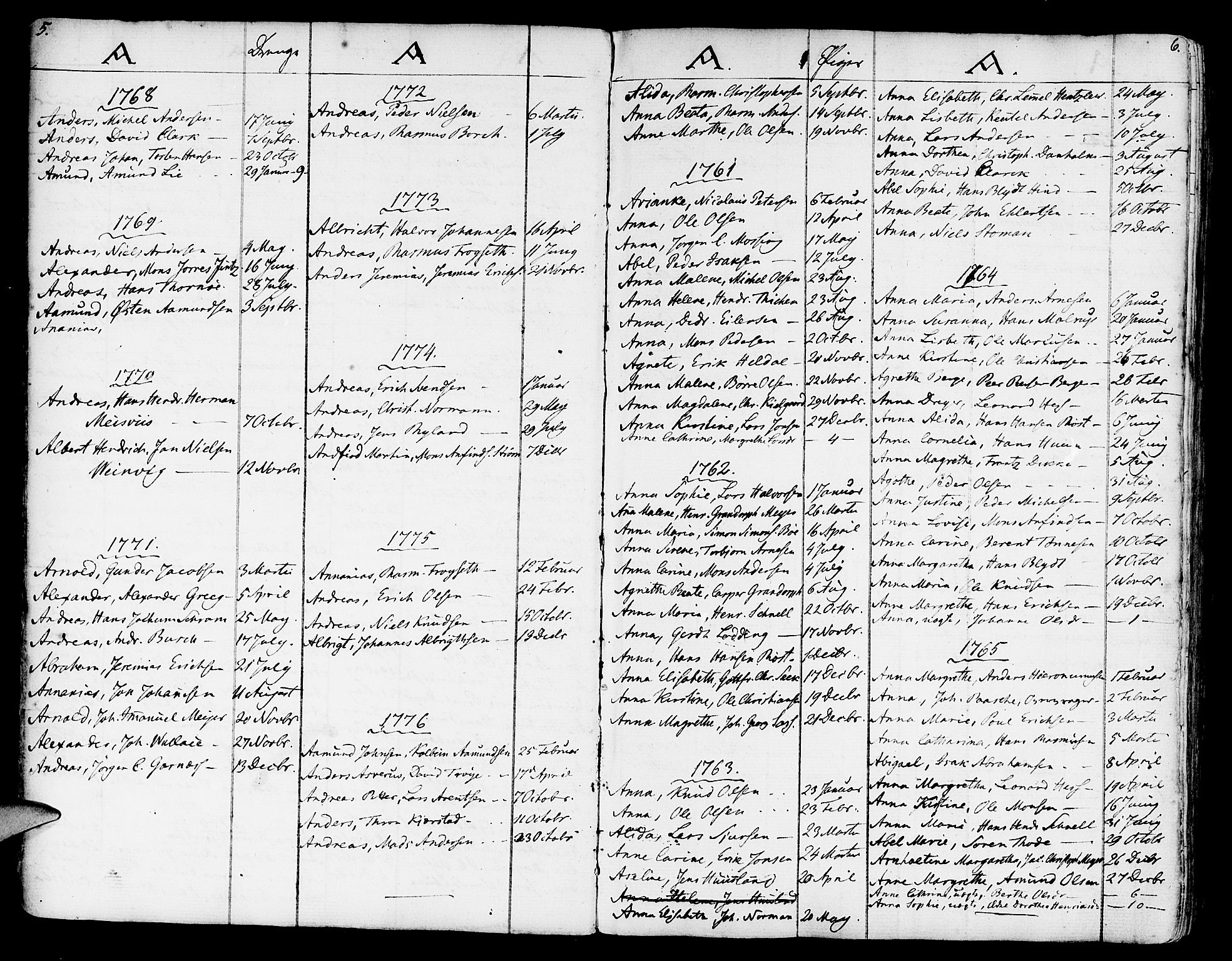 Nykirken Sokneprestembete, SAB/A-77101/H/Hab: Parish register (copy) no. H 1, 1750-1859, p. 5-6