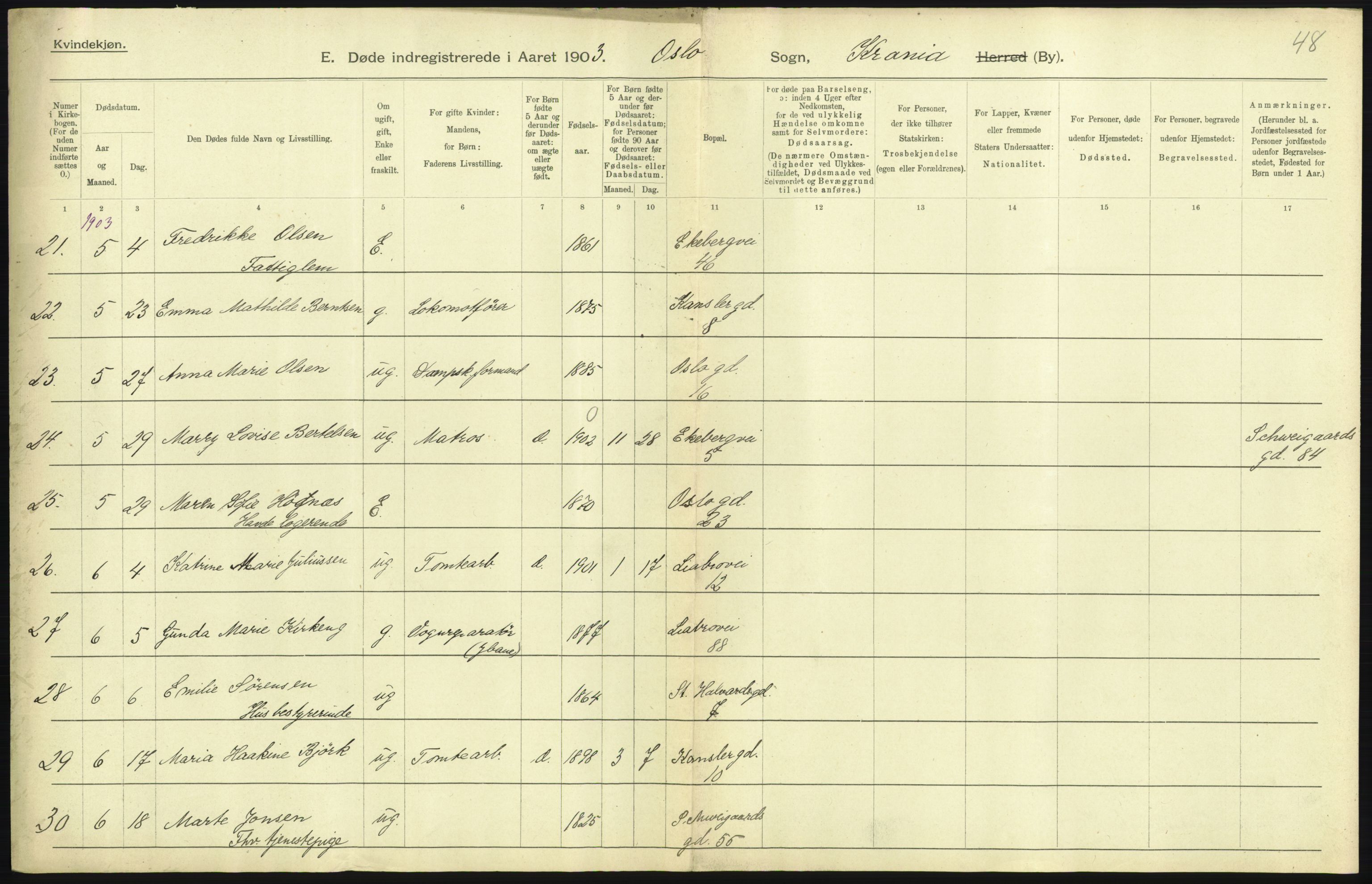 Statistisk sentralbyrå, Sosiodemografiske emner, Befolkning, AV/RA-S-2228/D/Df/Dfa/Dfaa/L0004: Kristiania: Gifte, døde, 1903, p. 287