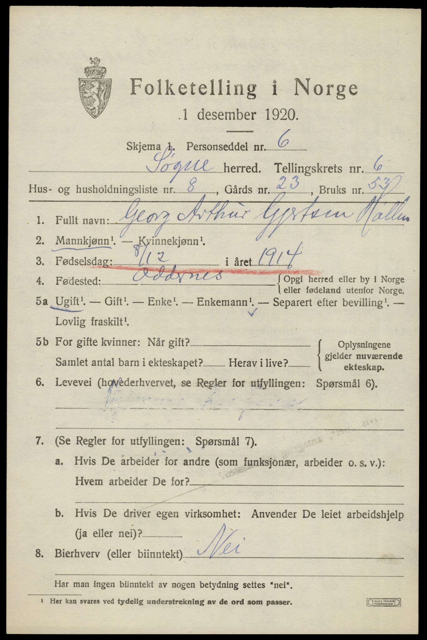 SAK, 1920 census for Søgne, 1920, p. 2827