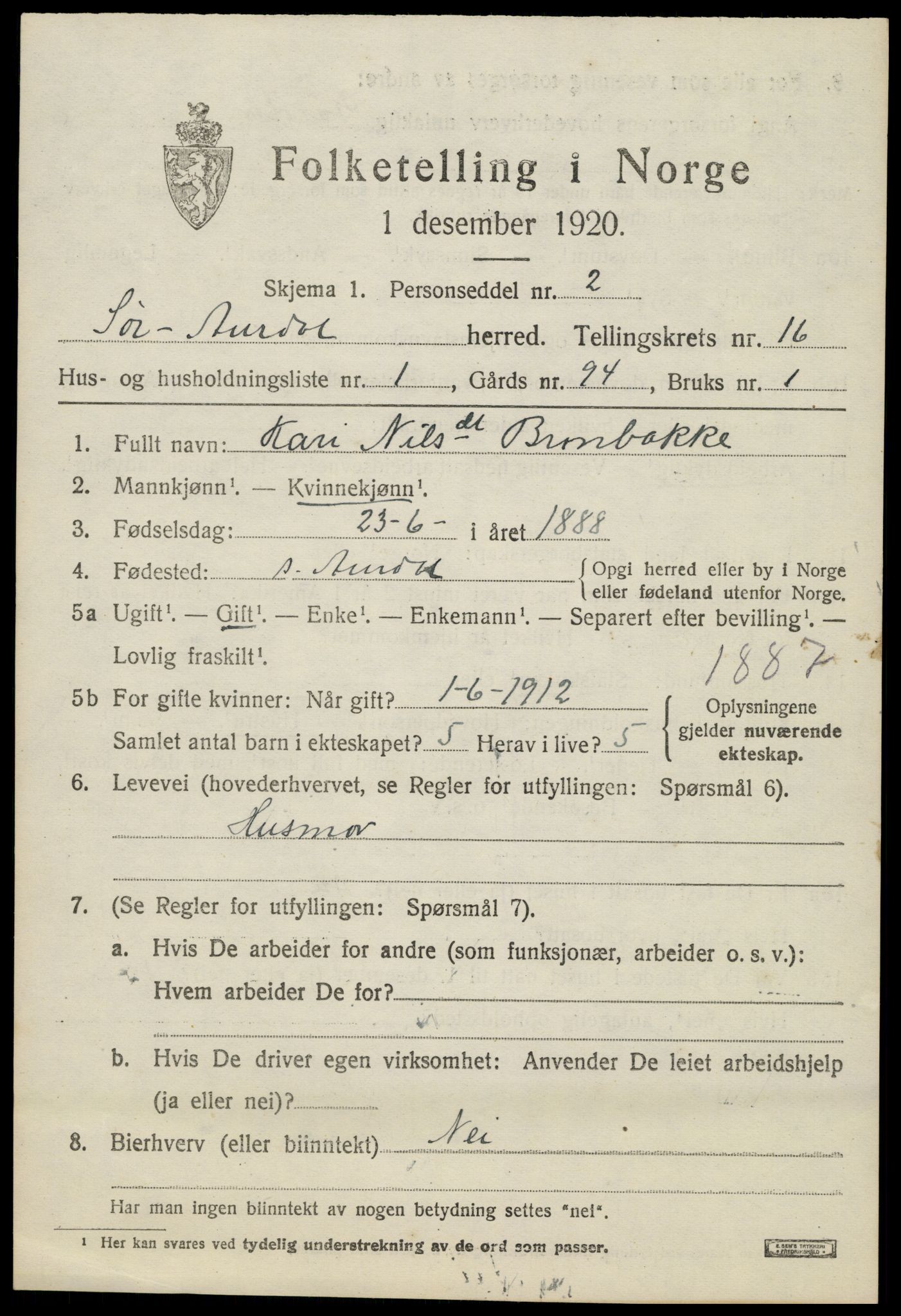 SAH, 1920 census for Sør-Aurdal, 1920, p. 9215