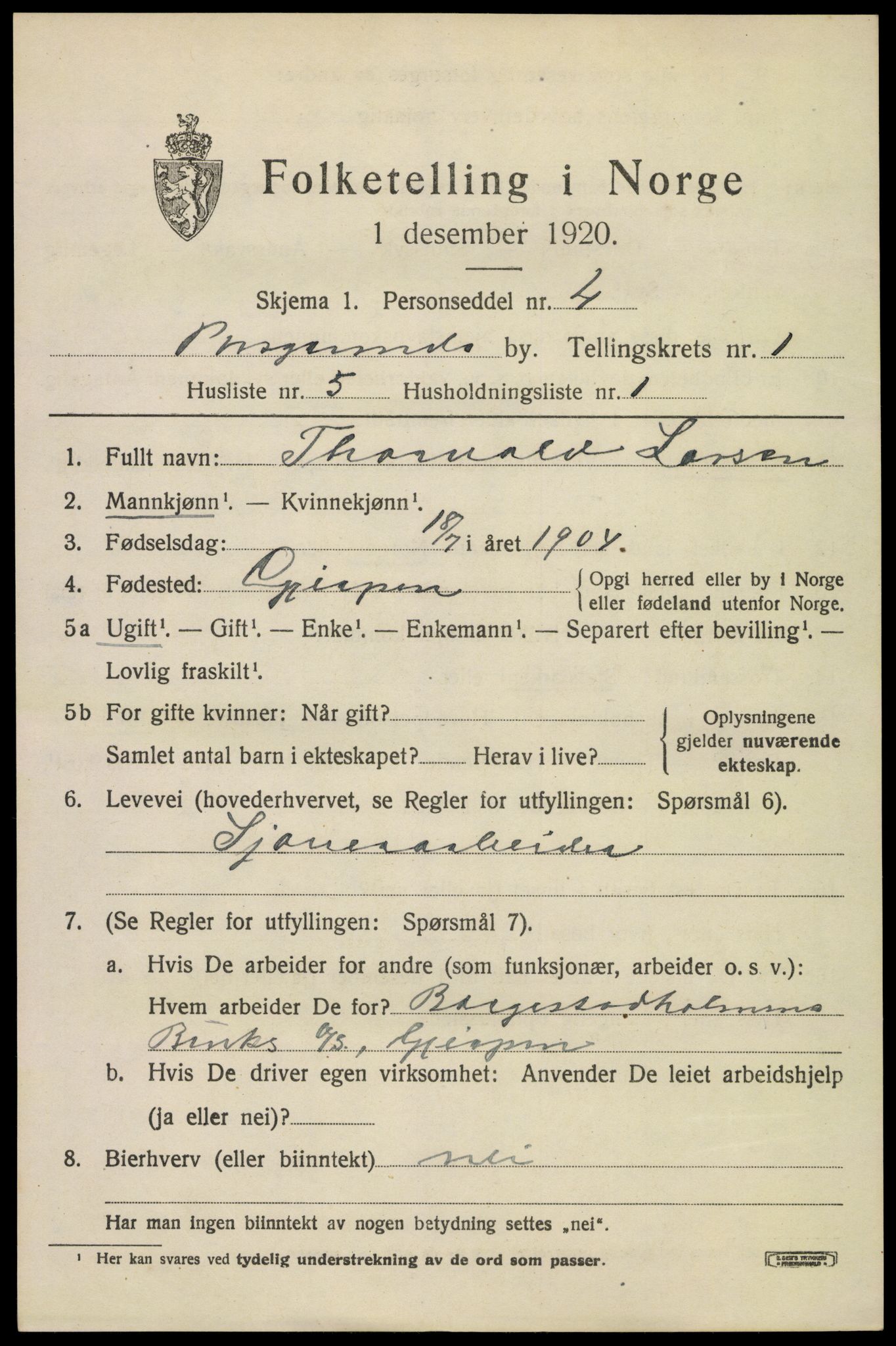 SAKO, 1920 census for Porsgrunn, 1920, p. 7159