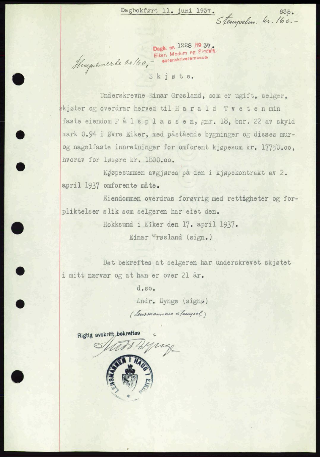 Eiker, Modum og Sigdal sorenskriveri, SAKO/A-123/G/Ga/Gab/L0035: Mortgage book no. A5, 1937-1937, Diary no: : 1228/1937