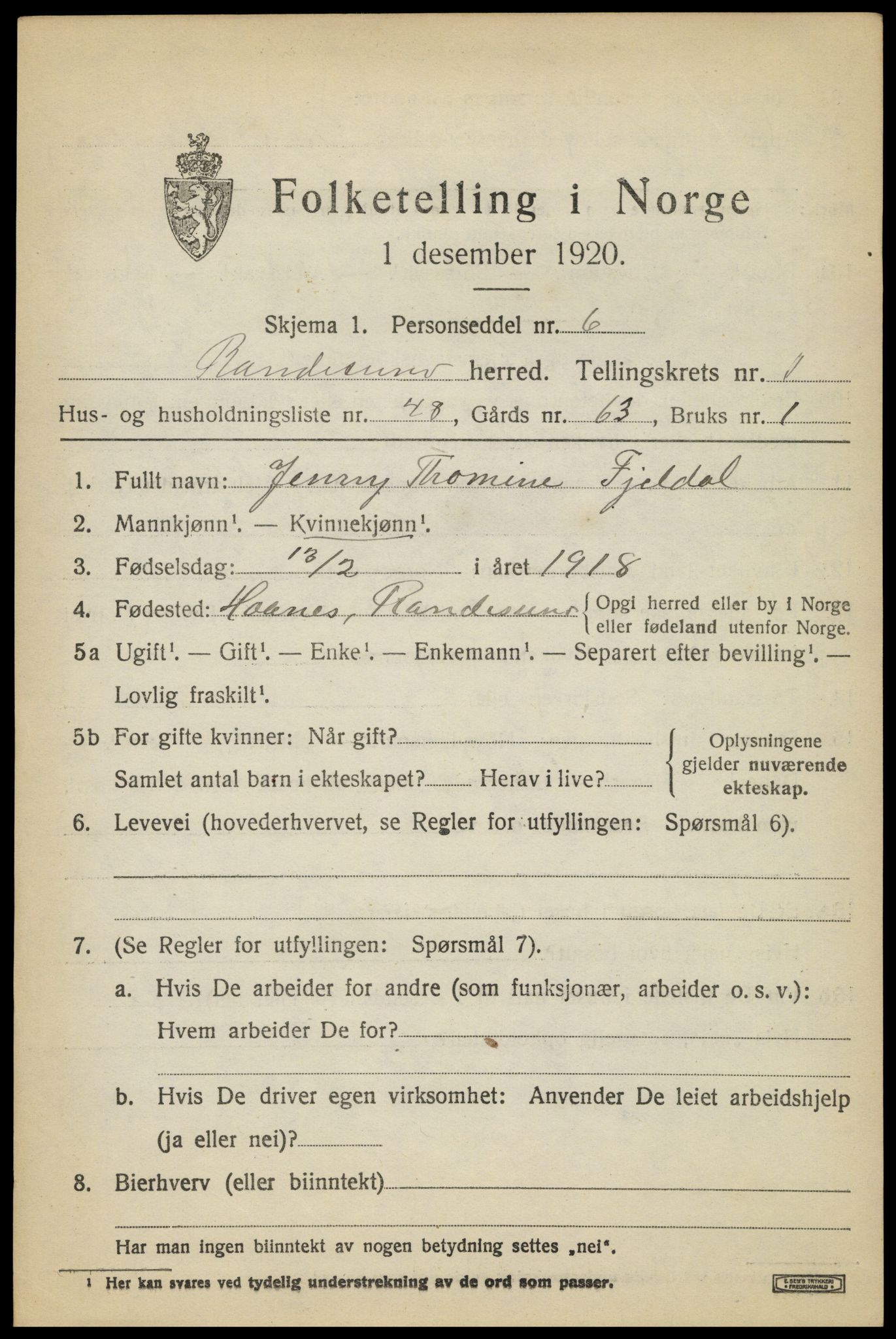 SAK, 1920 census for Randesund, 1920, p. 1056