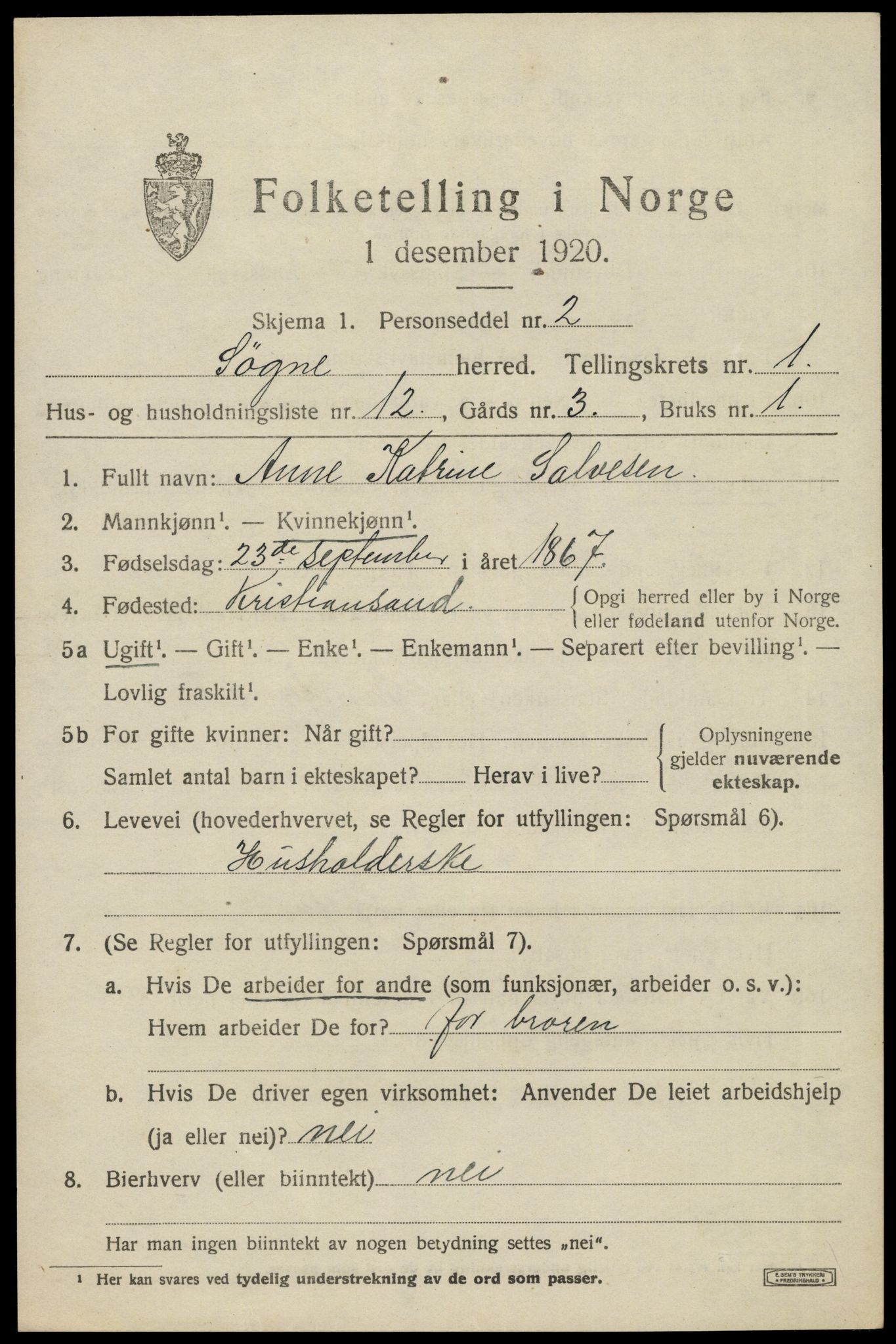 SAK, 1920 census for Søgne, 1920, p. 1445
