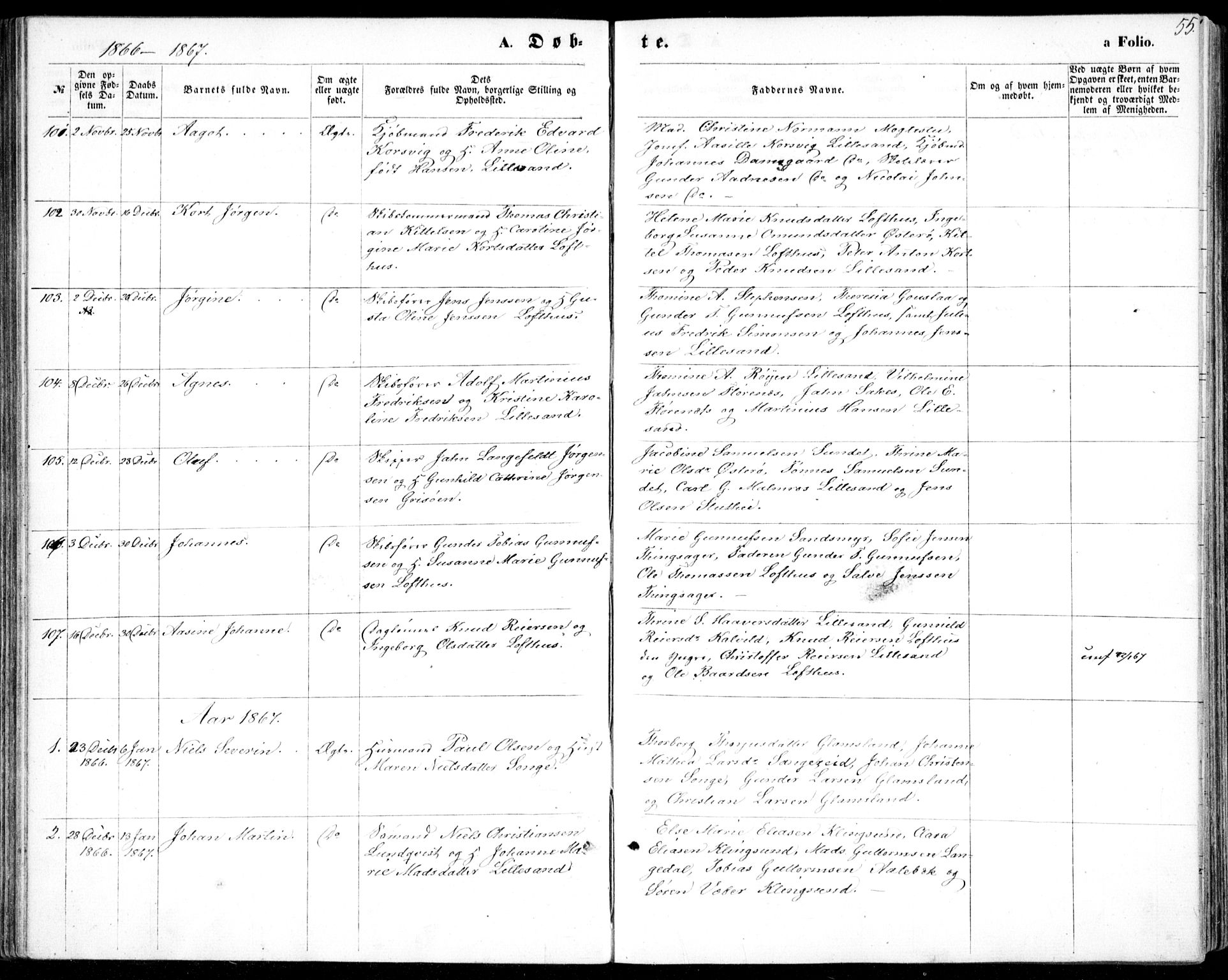 Vestre Moland sokneprestkontor, SAK/1111-0046/F/Fb/Fbb/L0004: Parish register (copy) no. B 4, 1861-1872, p. 55