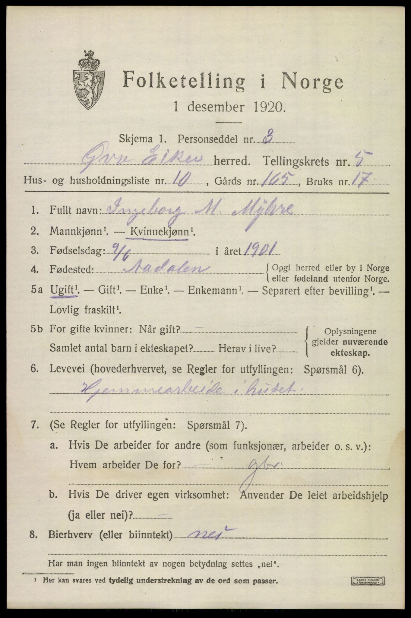 SAKO, 1920 census for Øvre Eiker, 1920, p. 12126