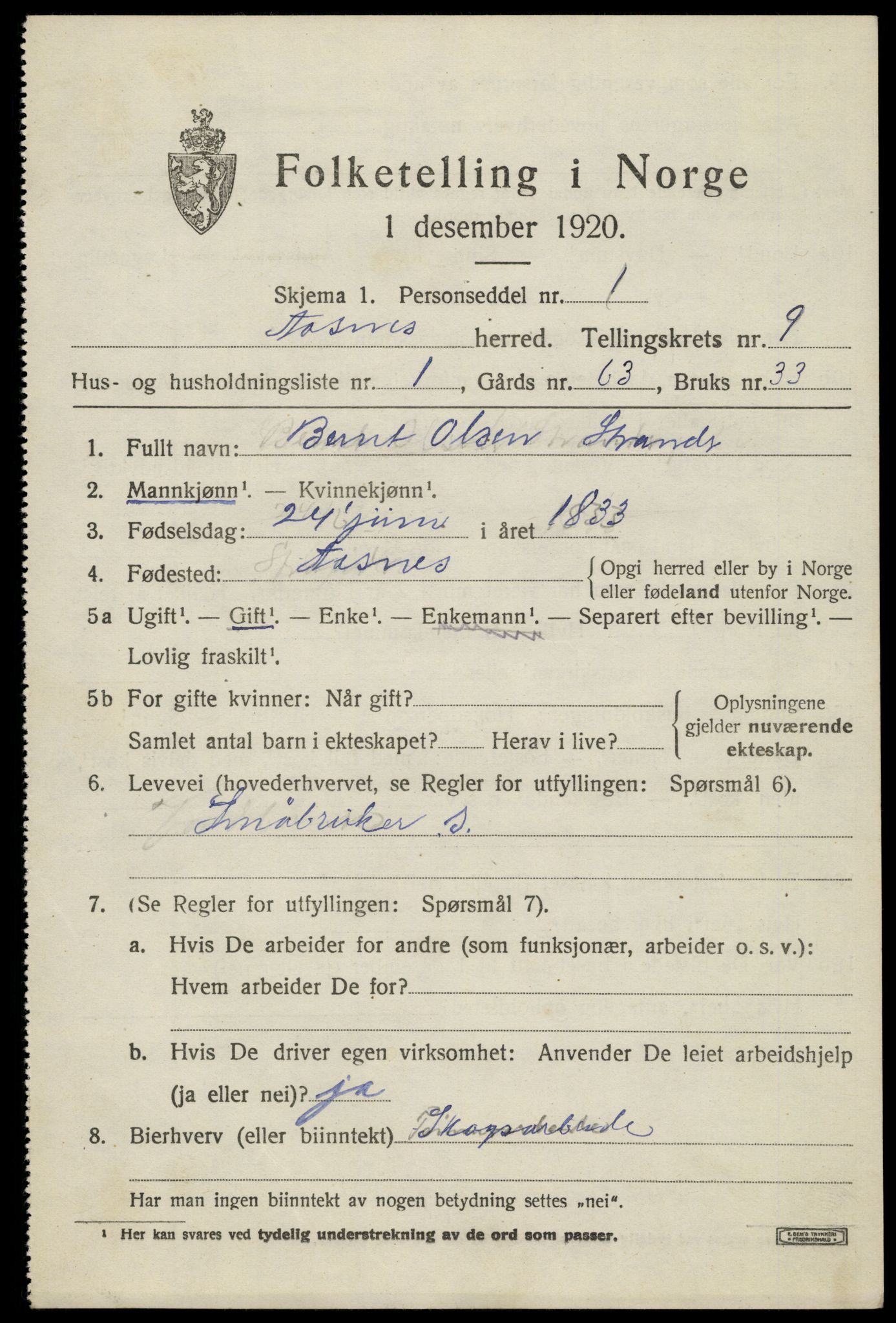 SAH, 1920 census for Åsnes, 1920, p. 9834