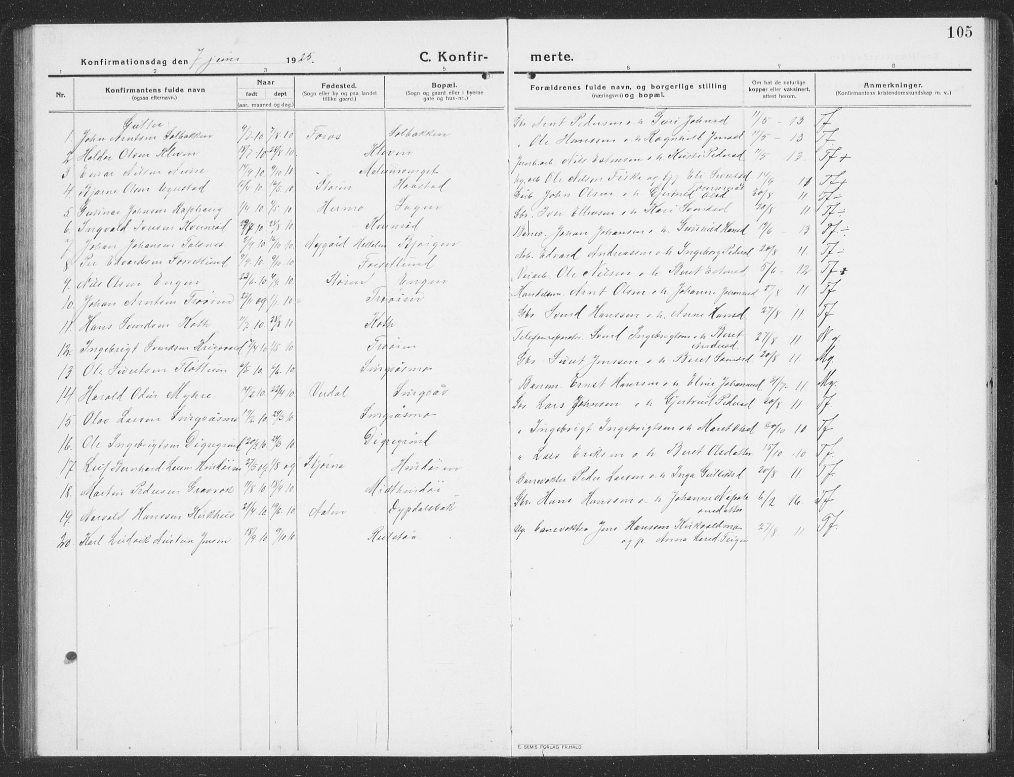 Ministerialprotokoller, klokkerbøker og fødselsregistre - Sør-Trøndelag, SAT/A-1456/688/L1030: Parish register (copy) no. 688C05, 1916-1939, p. 105