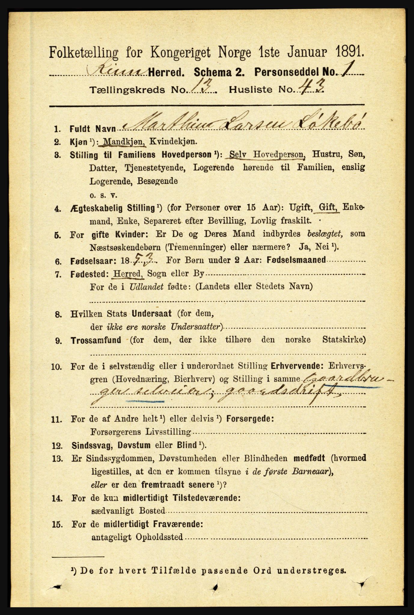 RA, 1891 census for 1437 Kinn, 1891, p. 5353