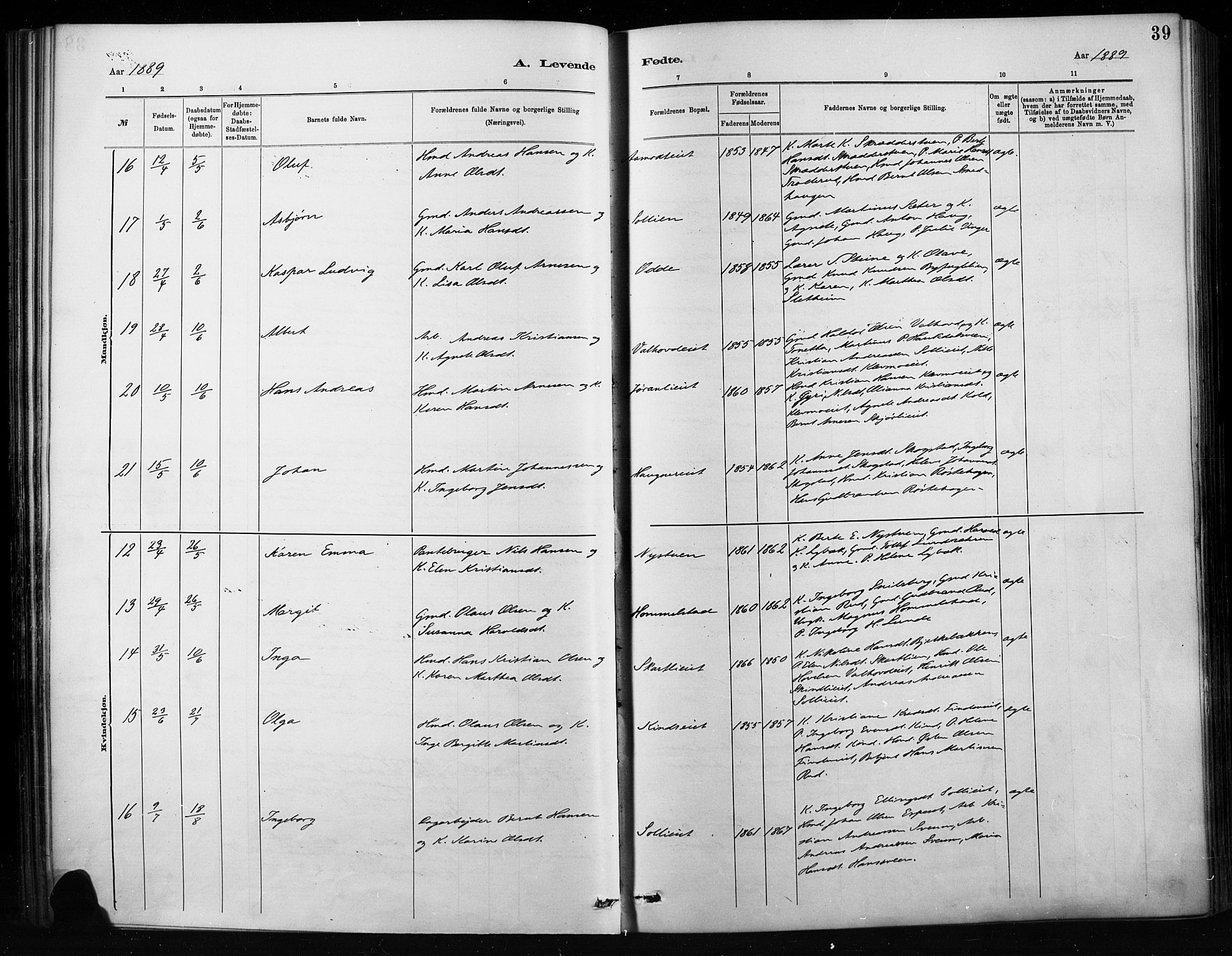 Nordre Land prestekontor, AV/SAH-PREST-124/H/Ha/Haa/L0004: Parish register (official) no. 4, 1882-1896, p. 39